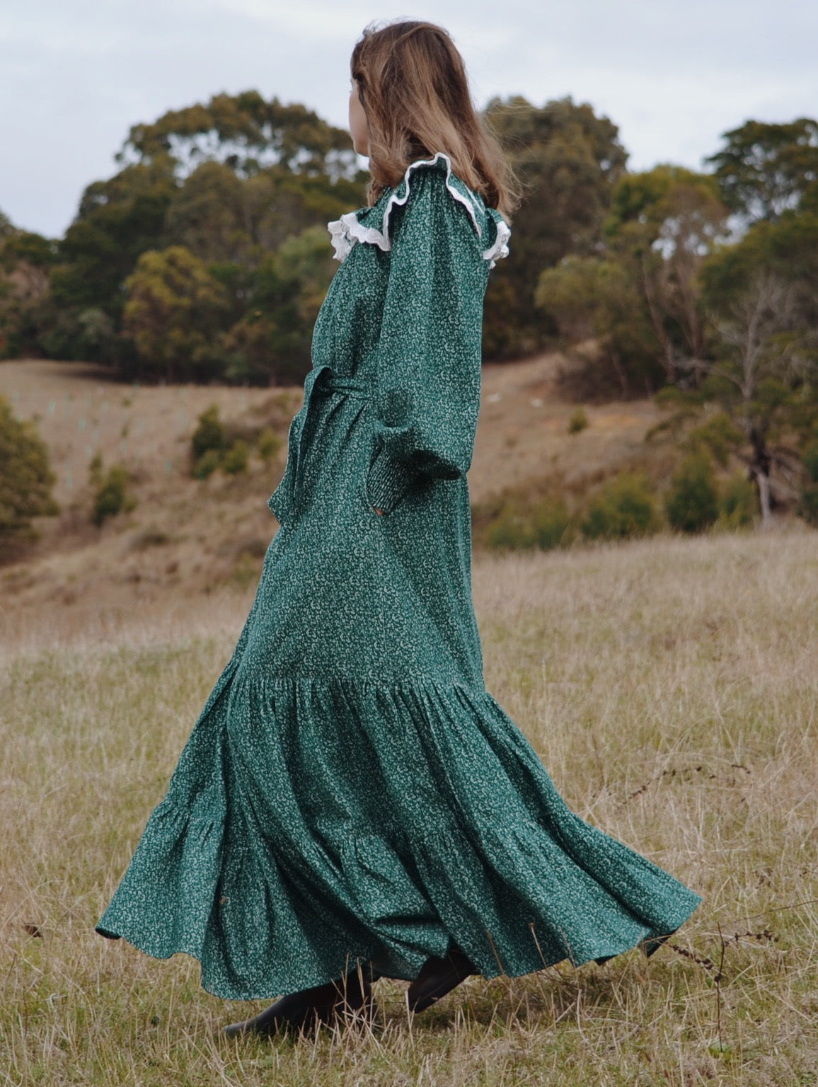 100% RECYCLED COTTON CORDUROY - CLOTHILDE DRESS FOREST GREEN FLORAL