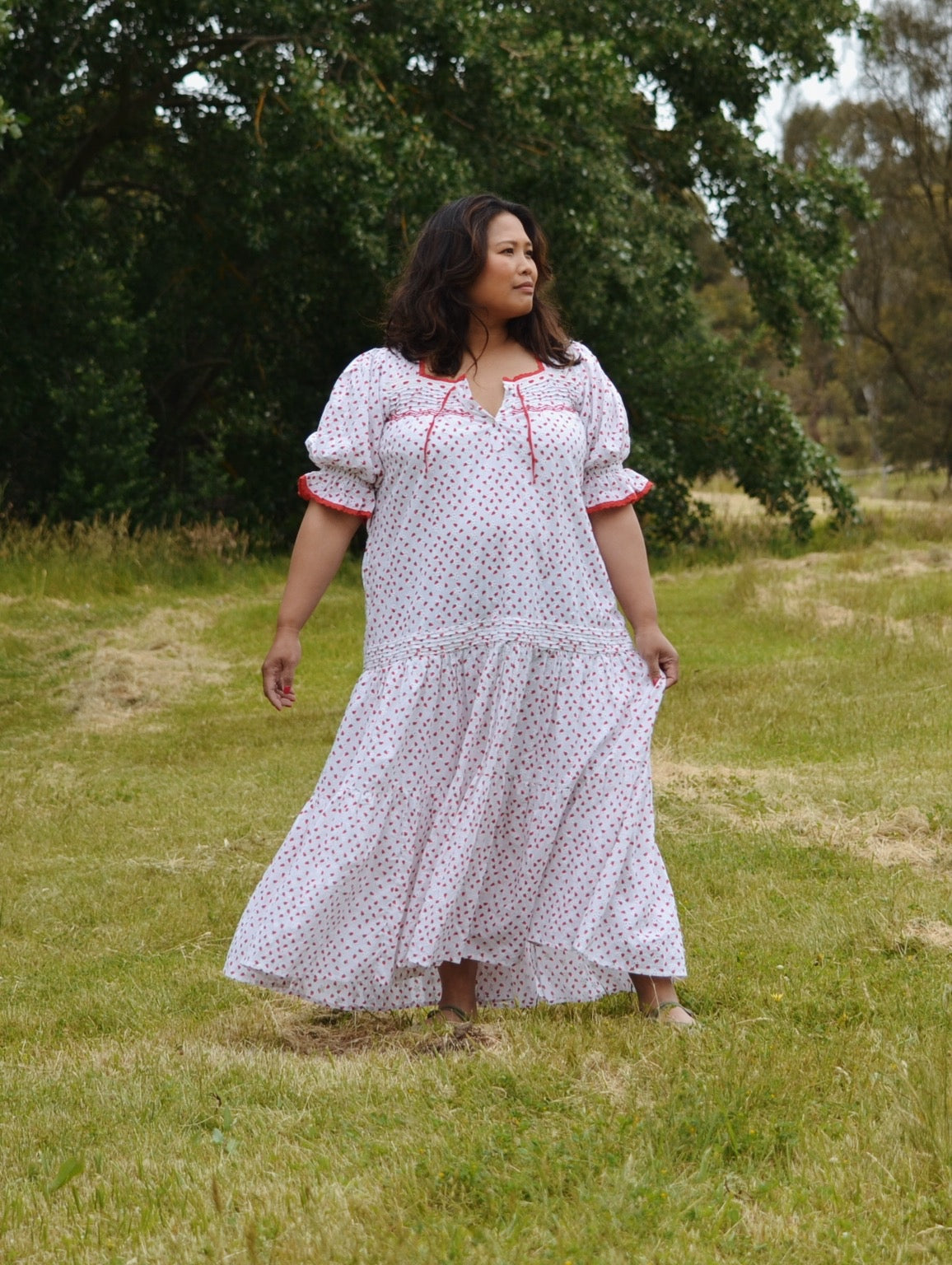 READY TO SHIP - 100% RECYCLED COTTON - MORNING SONG HAND SMOCKED TIERED DRESS - STRAWBERRY EMBROIDERED COTTON
