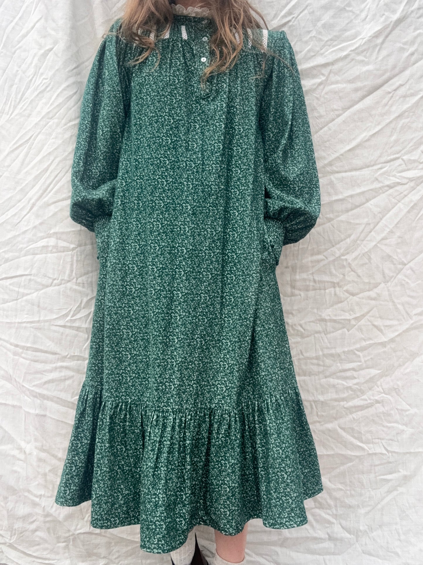 100% RECYCLED COTTON CORDUROY - CLOTHILDE DRESS FOREST GREEN MIDI