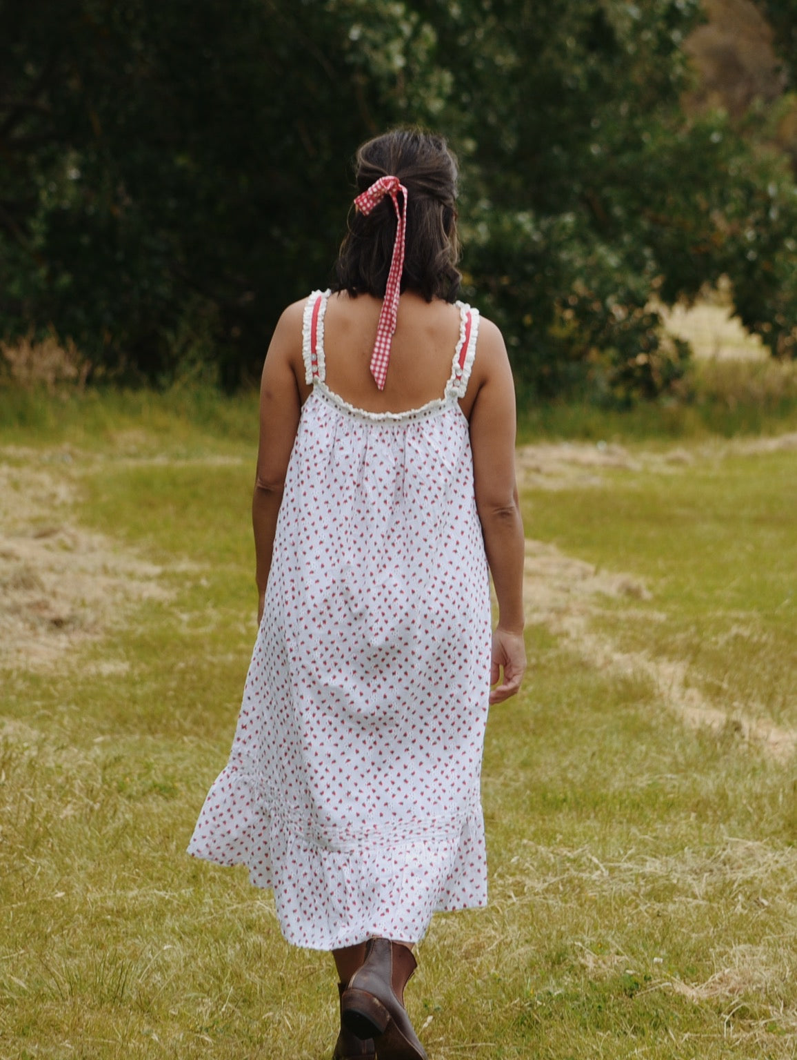 100% RECYCLED COTTON - NIGHTINGALE HAND SMOCKED DRESS STRAWBERRY EMBROIDERED COTTON