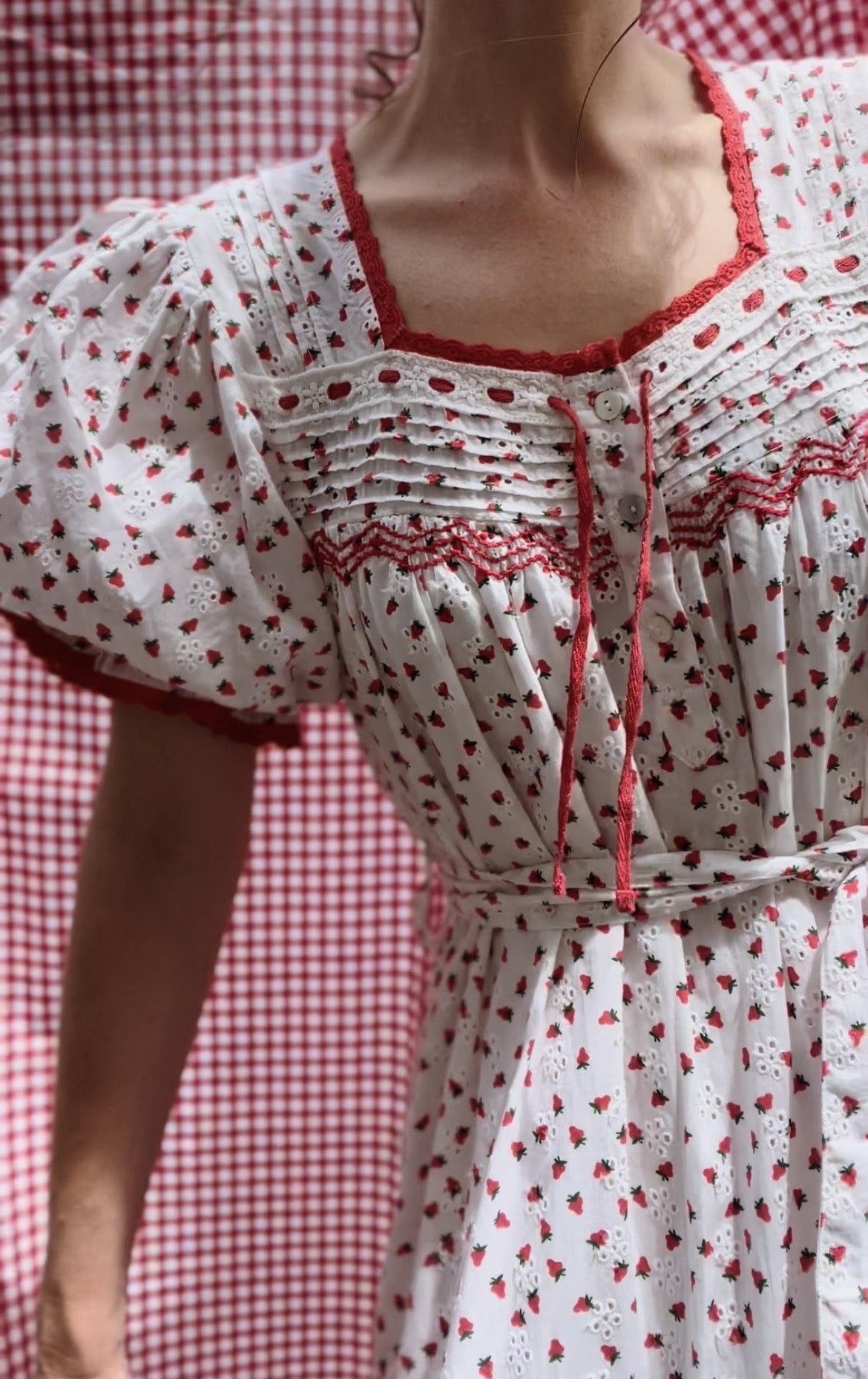 100% RECYCLED COTTON - MORNING SONG HAND SMOCKED TIERED DRESS - STRAWBERRY EMBROIDERED COTTON