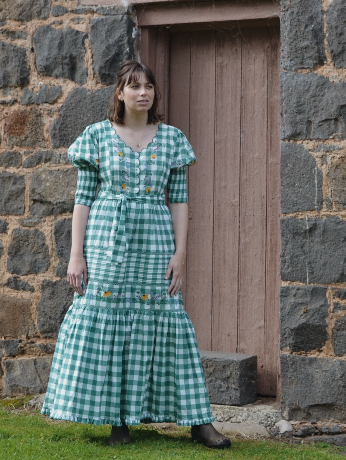 100% RECYCLED COTTON - AUGUSTINE MAXI DRESS GREEN GINGHAM GARDEN