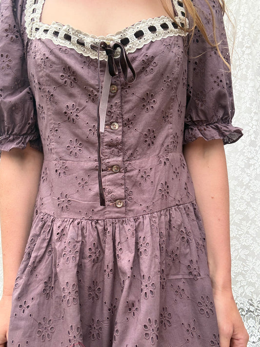 REWORKED - EGGPLANT BRODERIE COTTON DRESS 12-14