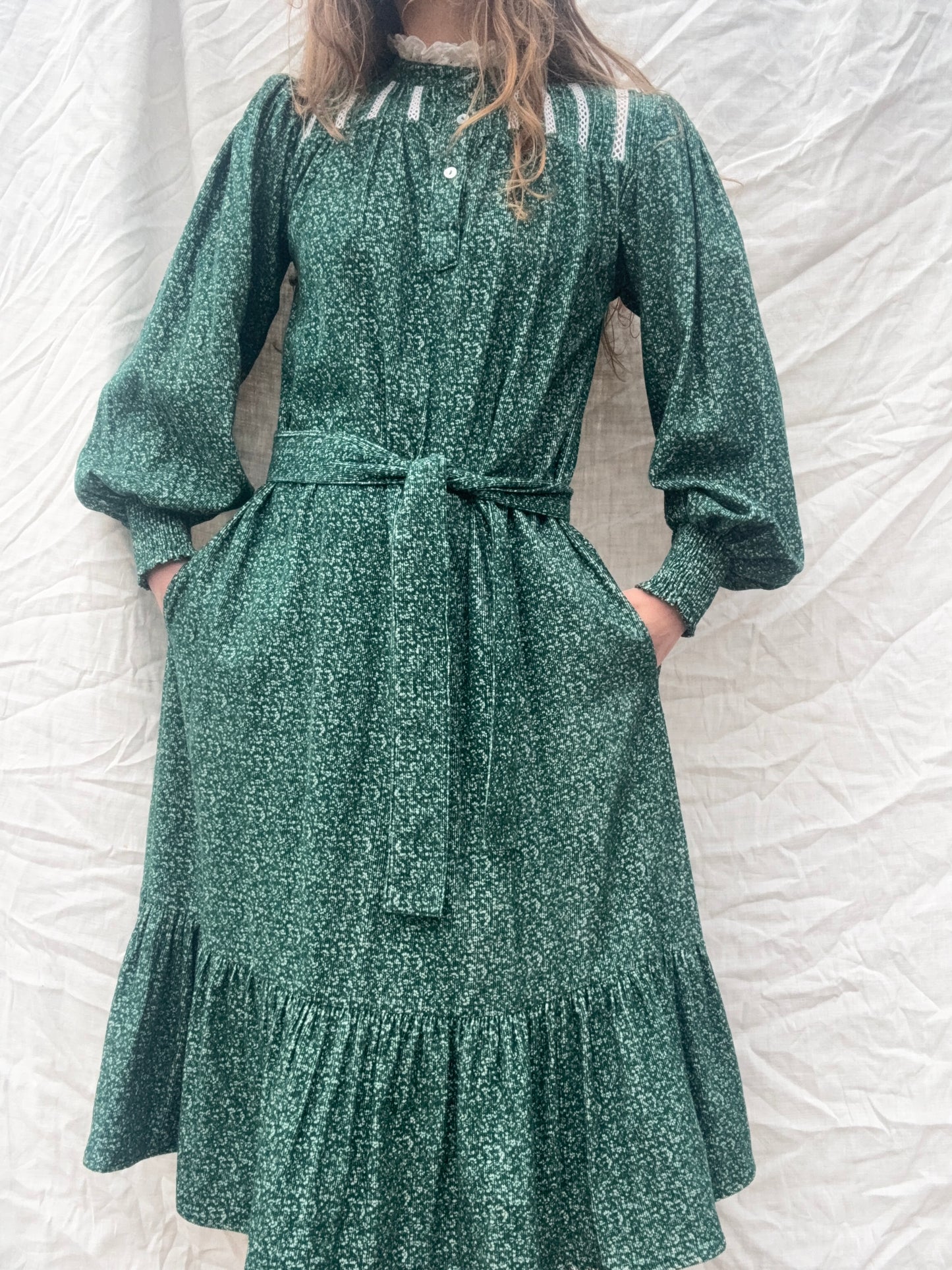 100% RECYCLED COTTON CORDUROY - CLOTHILDE DRESS FOREST GREEN MIDI