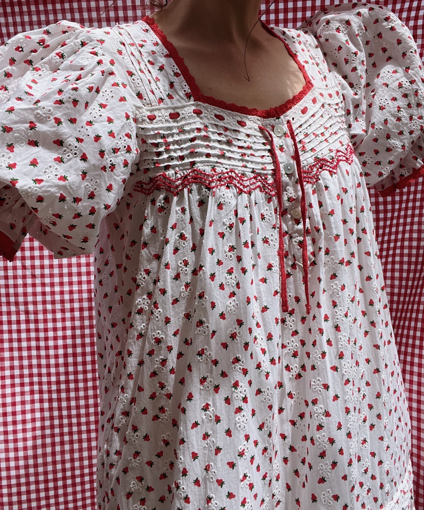 100% RECYCLED COTTON - MORNING SONG HAND SMOCKED TIERED DRESS - STRAWBERRY EMBROIDERED COTTON