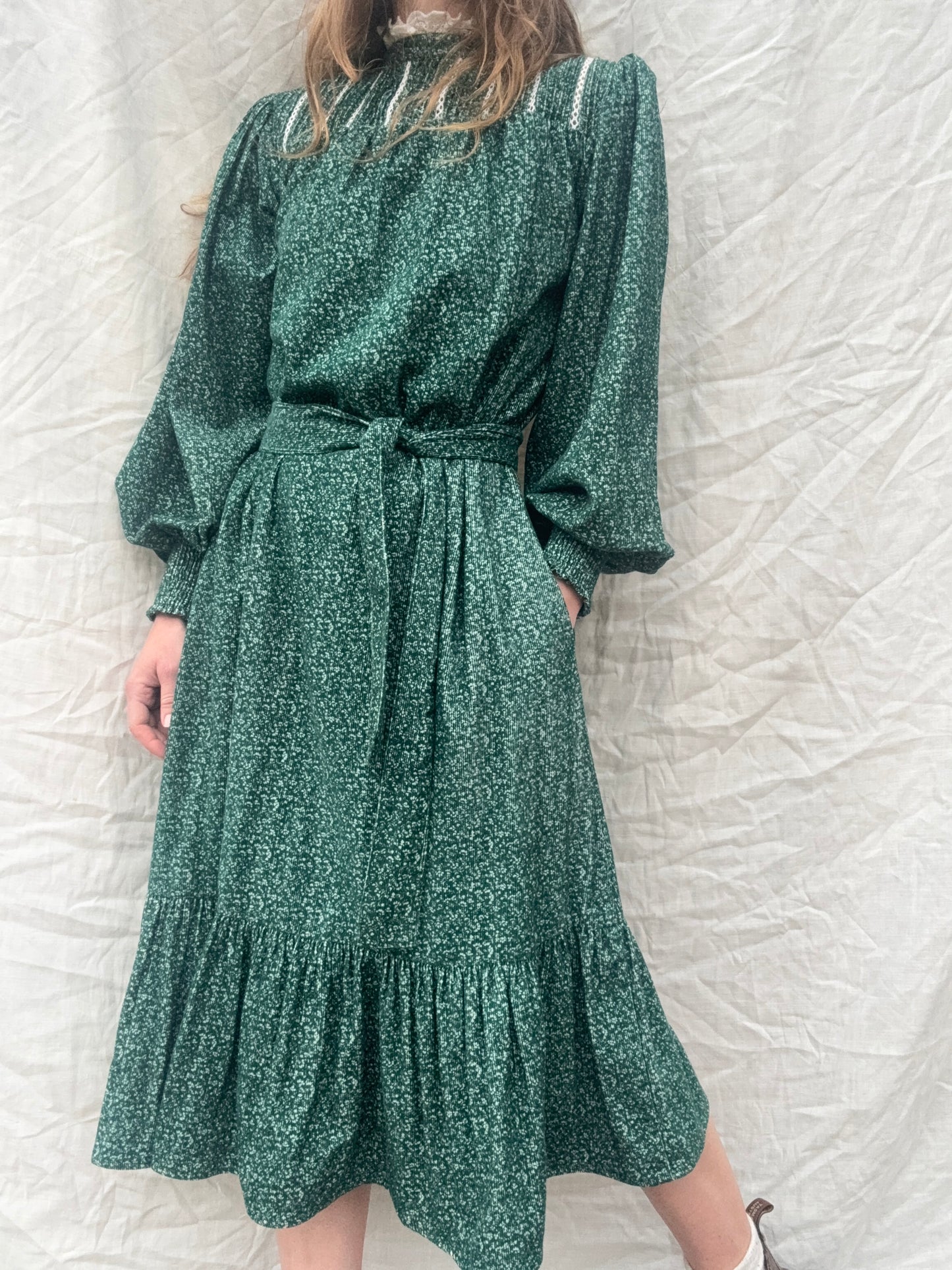 100% RECYCLED COTTON CORDUROY - CLOTHILDE DRESS FOREST GREEN MIDI