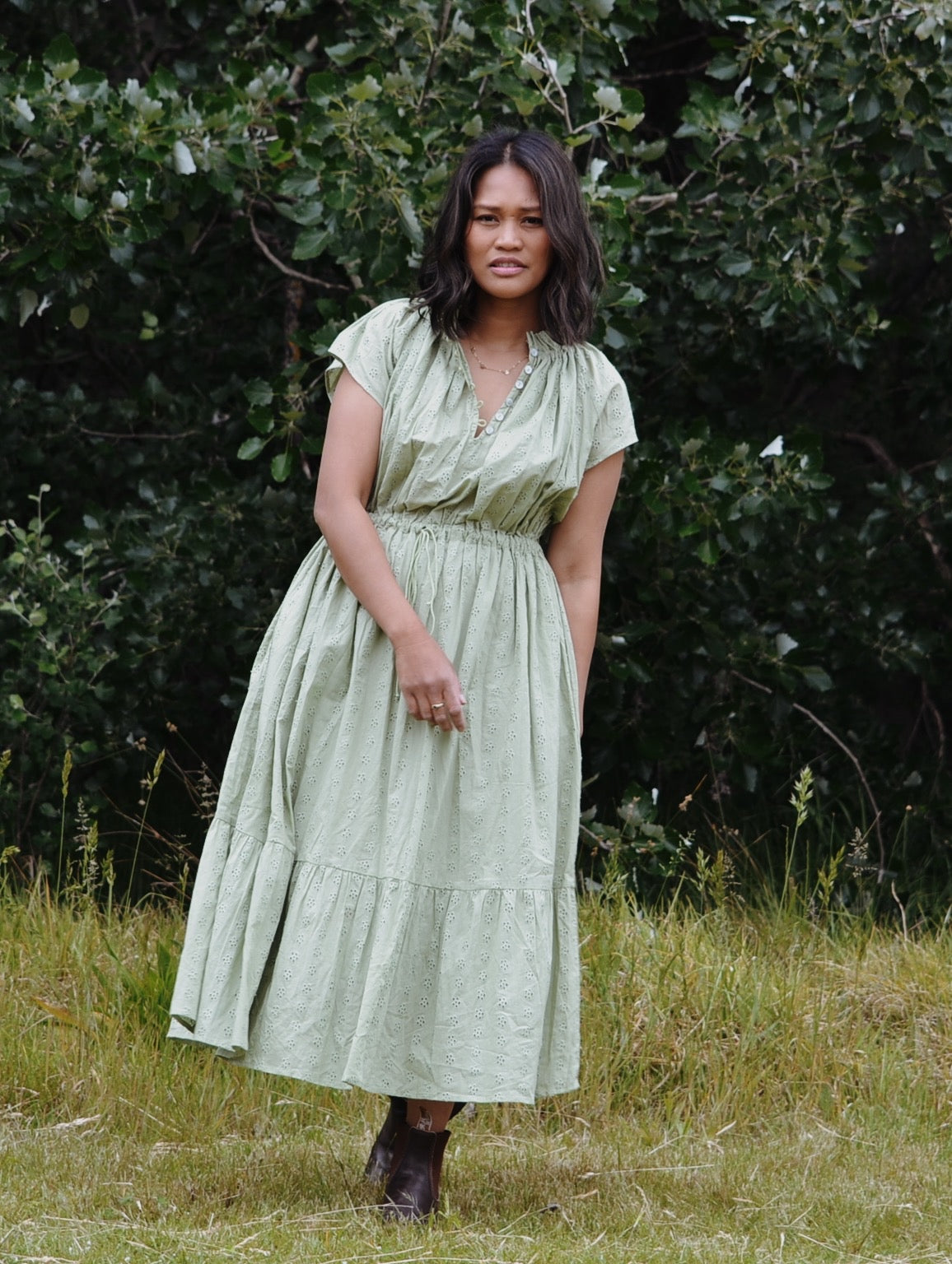 100% RECYCLED COTTON - ISABEL DRESS SAGE COTTON LACE