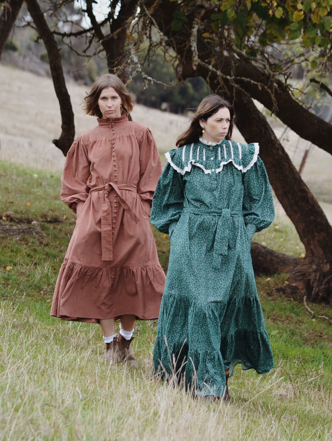 100% RECYCLED COTTON CORDUROY - CLOTHILDE DRESS FOREST GREEN FLORAL