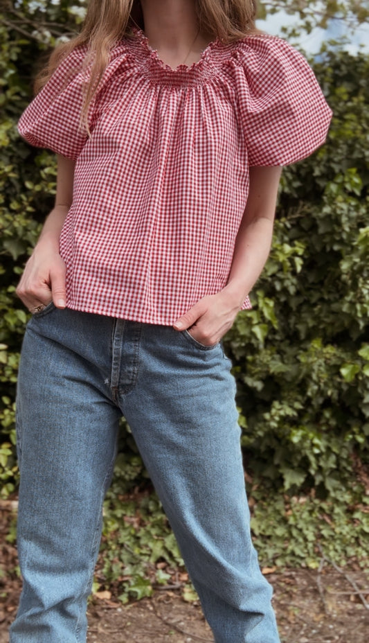 ANYA SMOCK BLOUSE RED GINGHAM COTTON