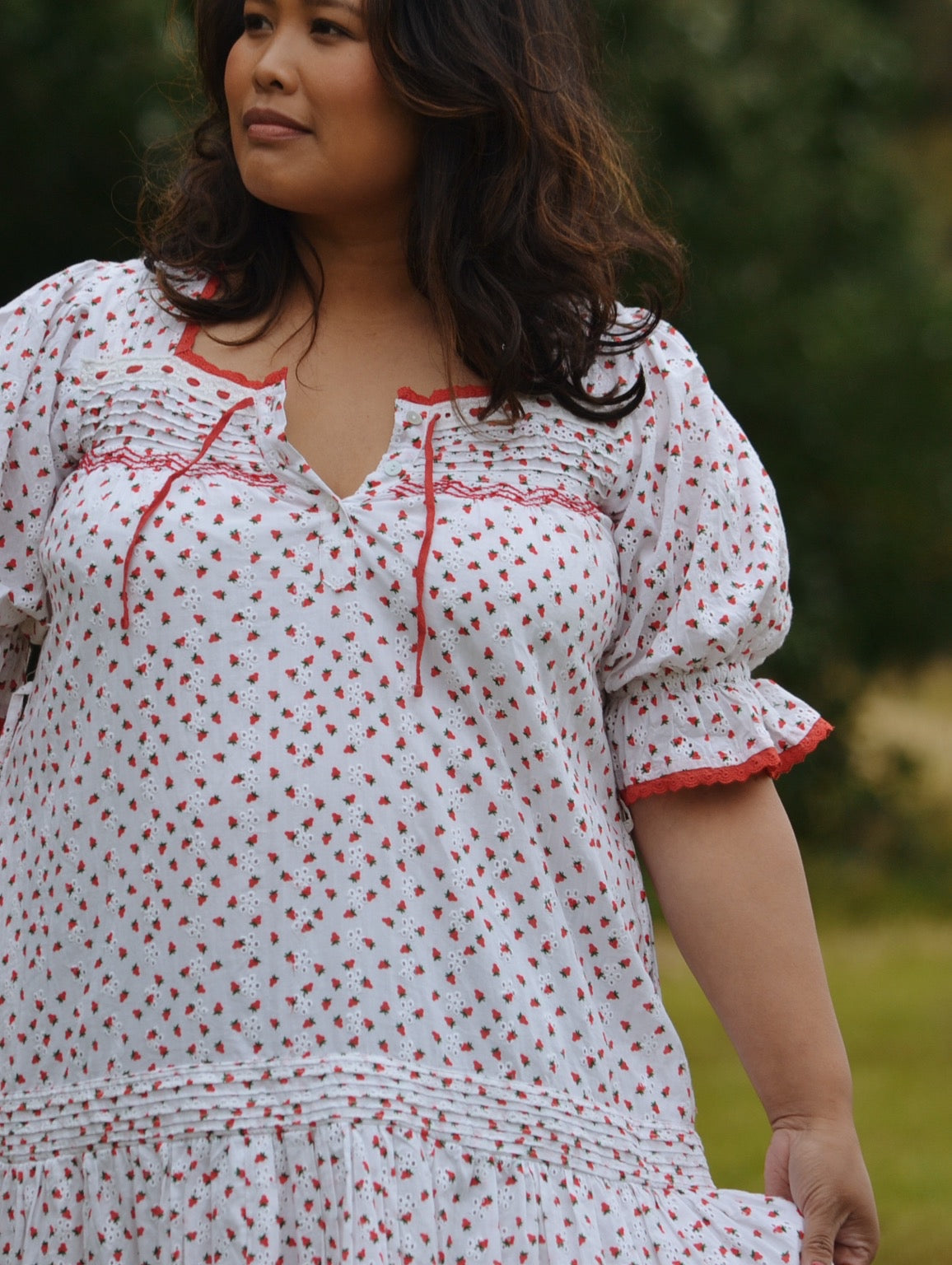 READY TO SHIP - 100% RECYCLED COTTON - MORNING SONG HAND SMOCKED TIERED DRESS - STRAWBERRY EMBROIDERED COTTON