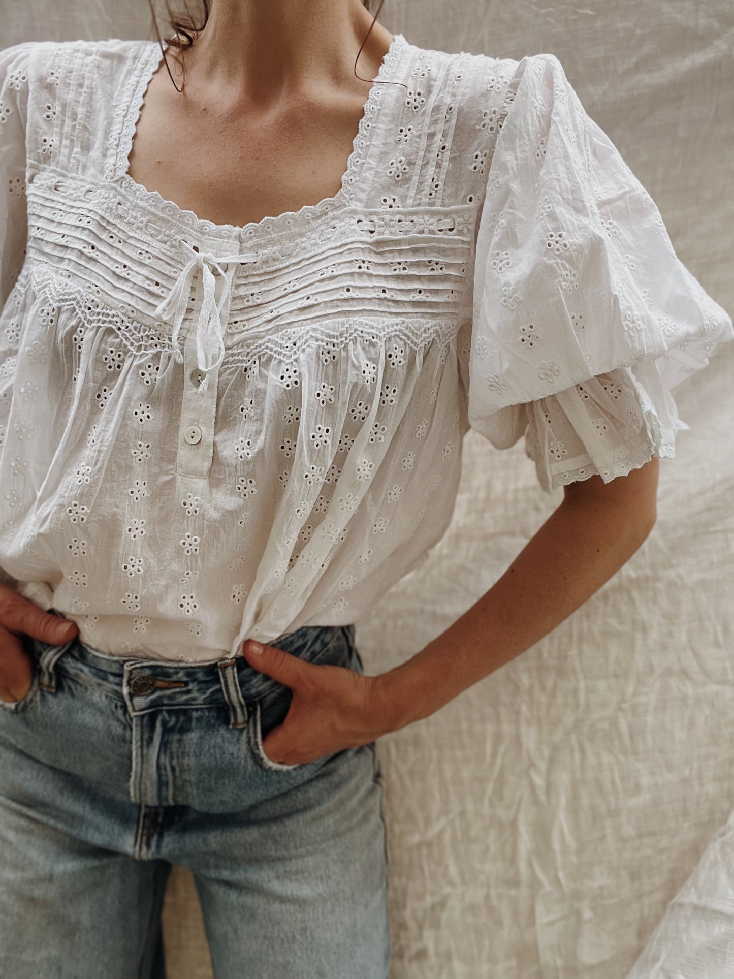 100% RECYCLED COTTON - MORNING SONG HAND SMOCKED BLOUSE WHITE