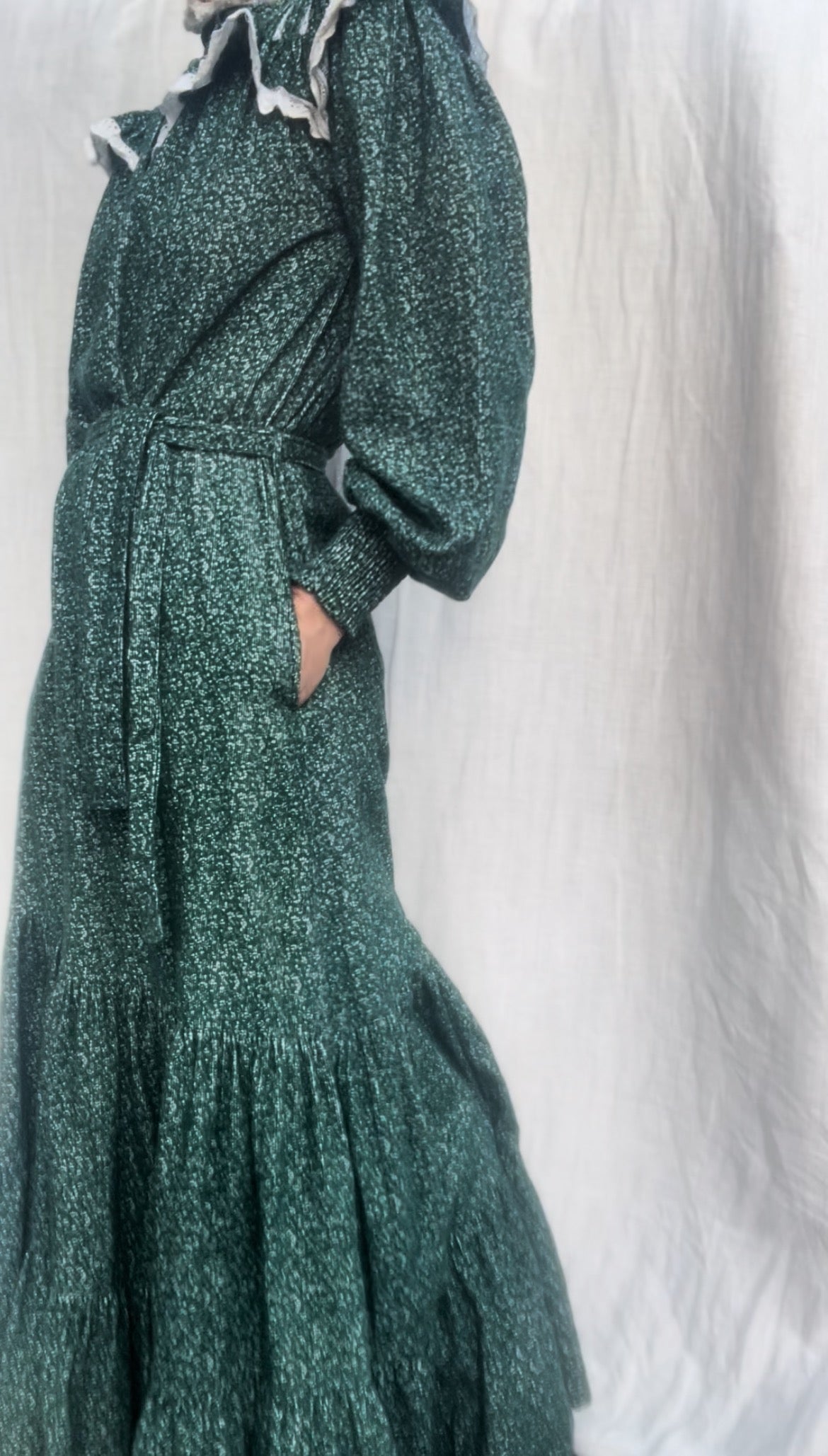 100% RECYCLED COTTON CORDUROY - CLOTHILDE DRESS FOREST GREEN FLORAL