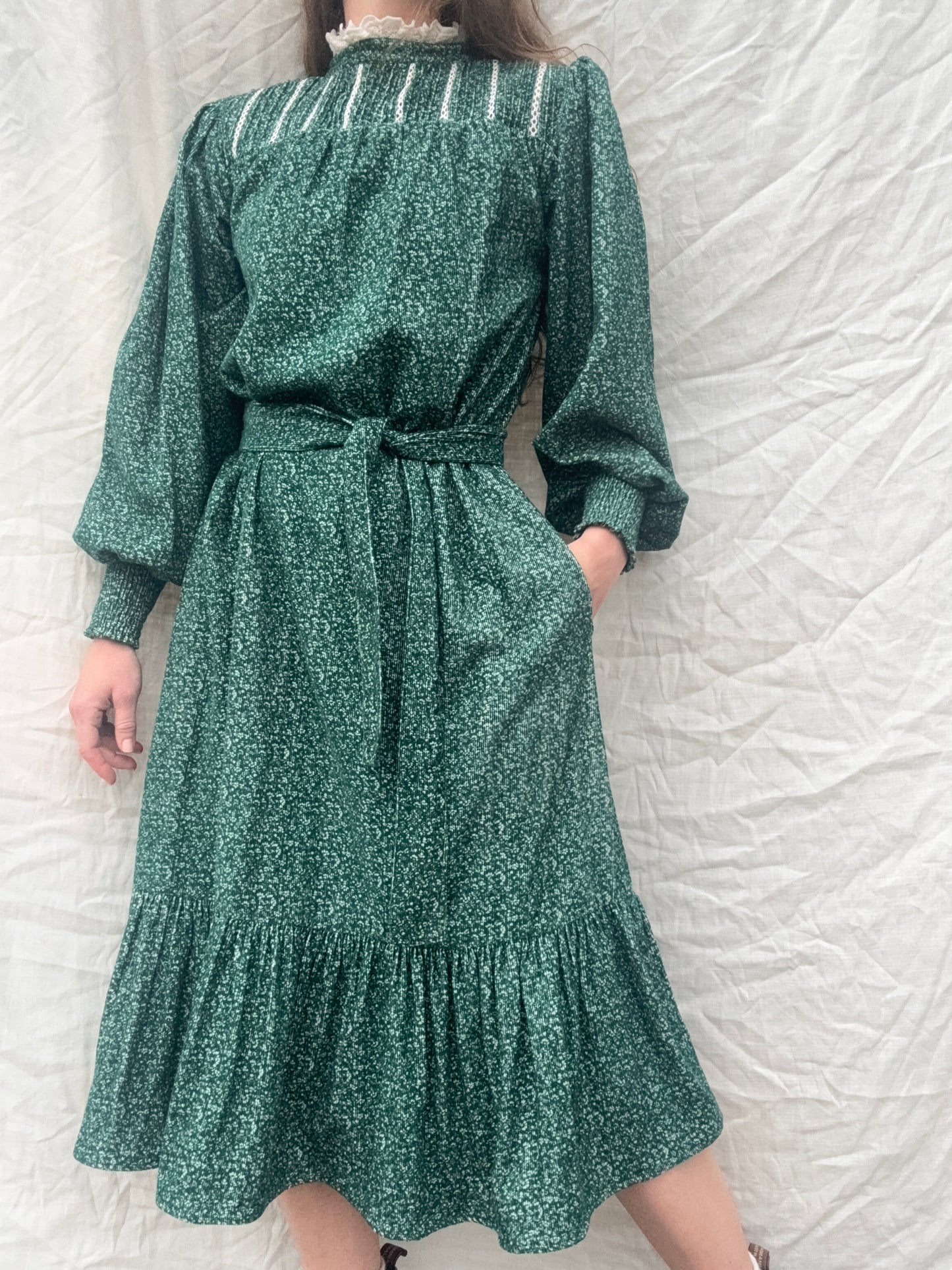 100% RECYCLED COTTON CORDUROY - CLOTHILDE DRESS FOREST GREEN MIDI