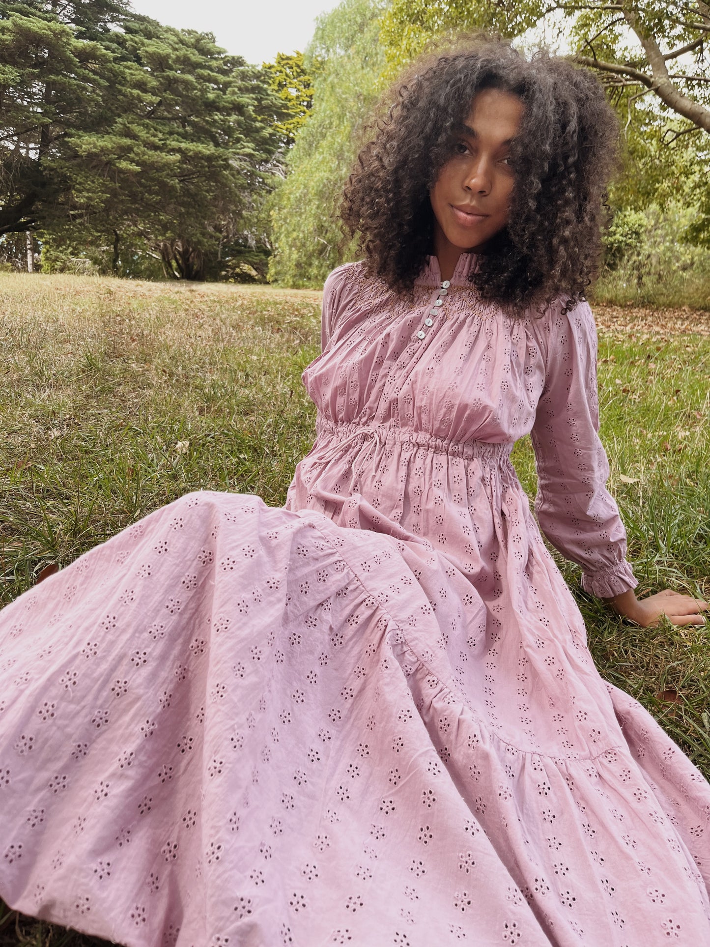 100% RECYCLED COTTON - PRAIRIE MAXI DRESS DUSTY LAVENDER LACE HAND SMOCKED