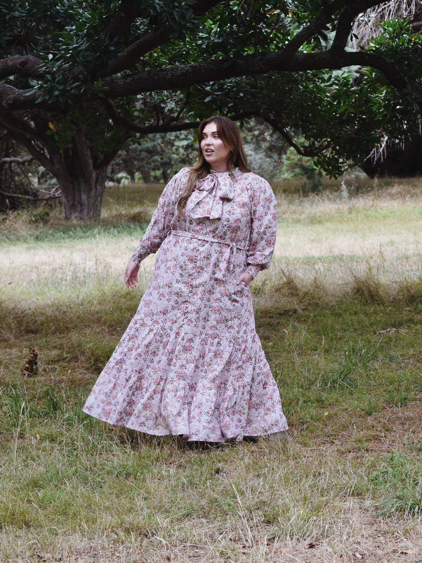SECOND - 100% RECYCLED COTTON - FLEUR MAXI DRESS PUSSY BOW PINK ROSE