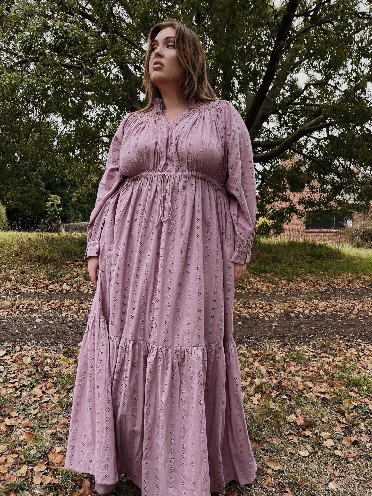 100% RECYCLED COTTON - PRAIRIE MAXI DRESS DUSTY LAVENDER LACE HAND SMOCKED