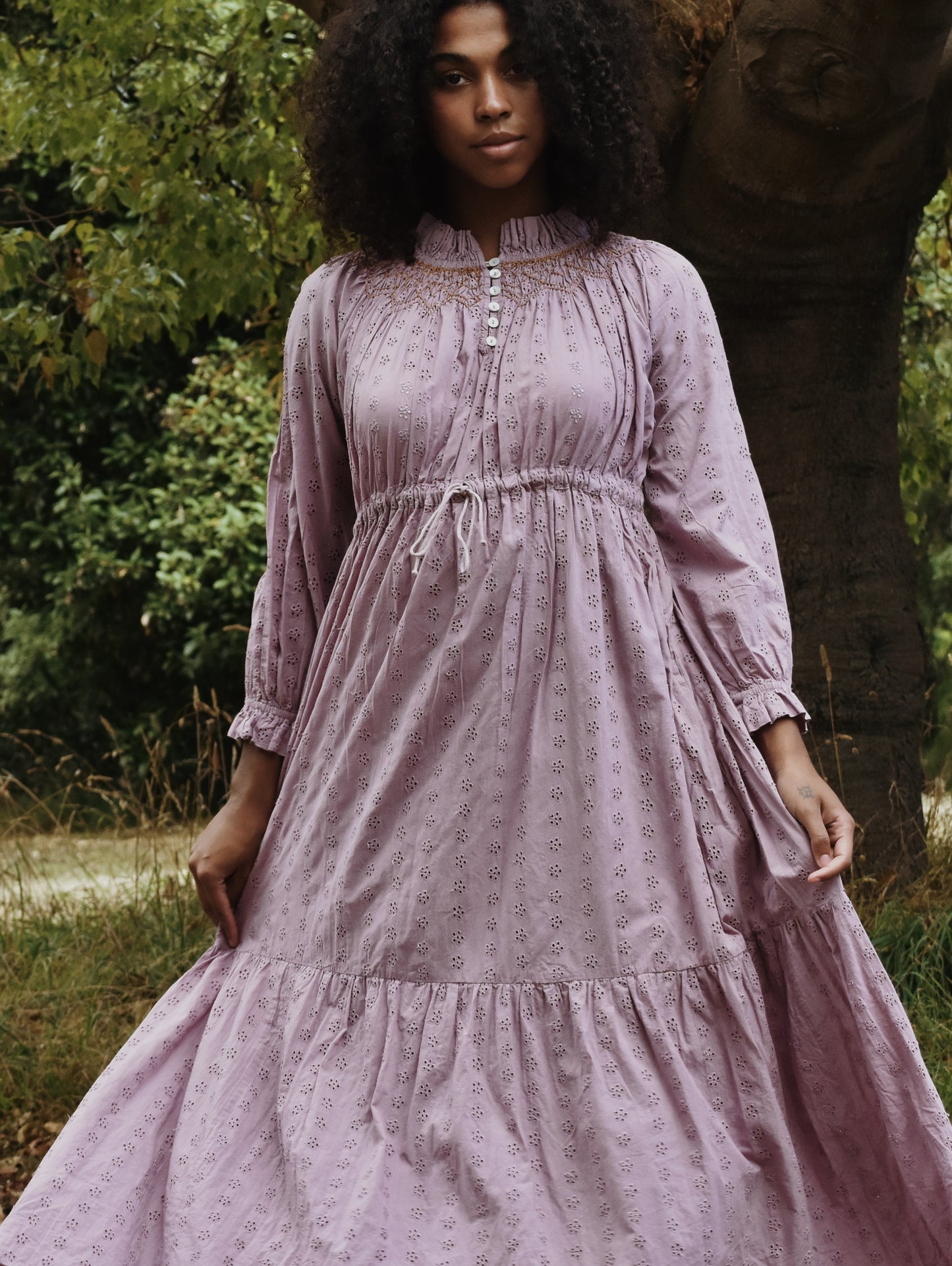 100% RECYCLED COTTON - PRAIRIE MAXI DRESS DUSTY LAVENDER LACE HAND SMOCKED