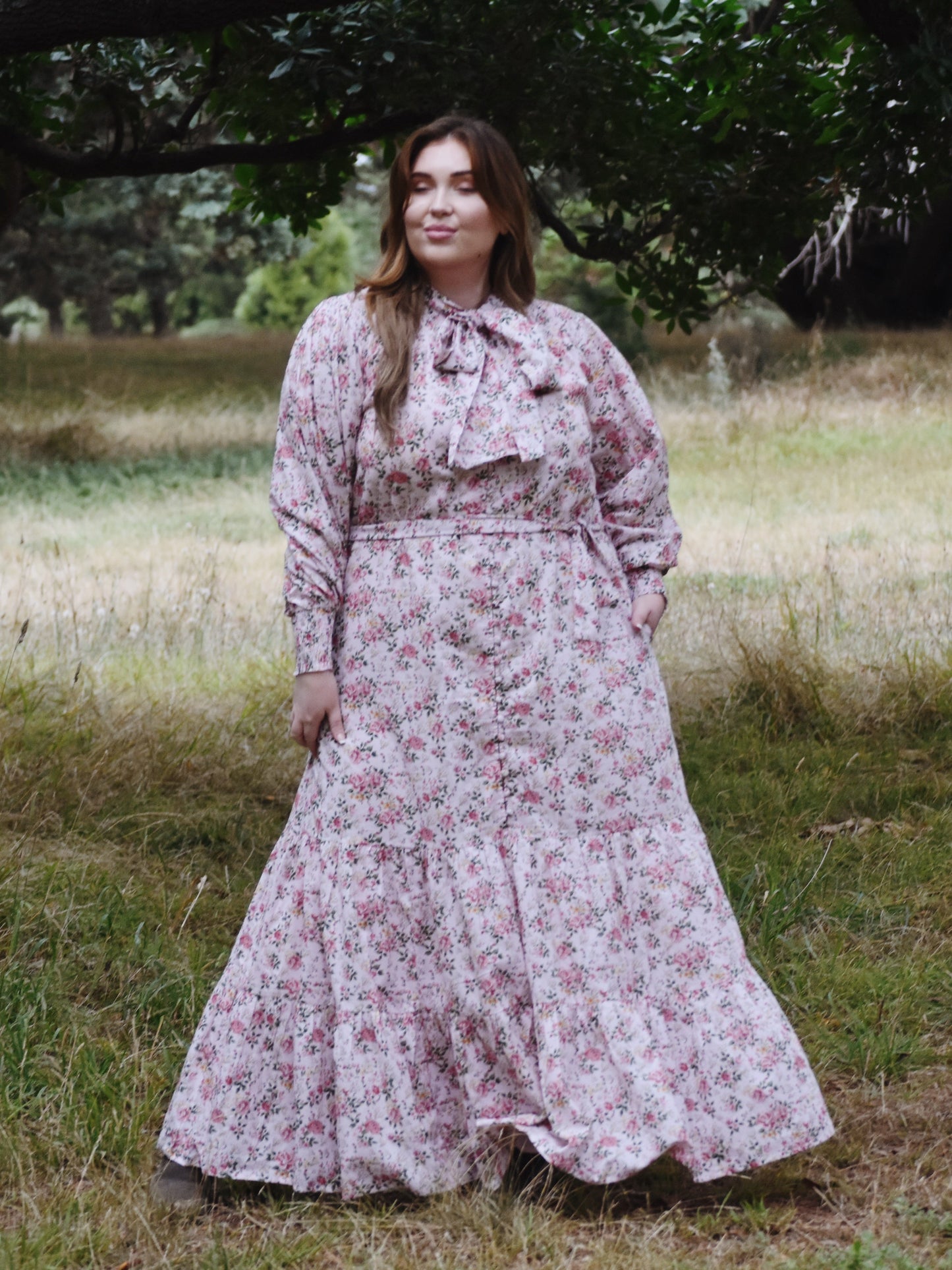 SECOND - 100% RECYCLED COTTON - FLEUR MAXI DRESS PUSSY BOW PINK ROSE