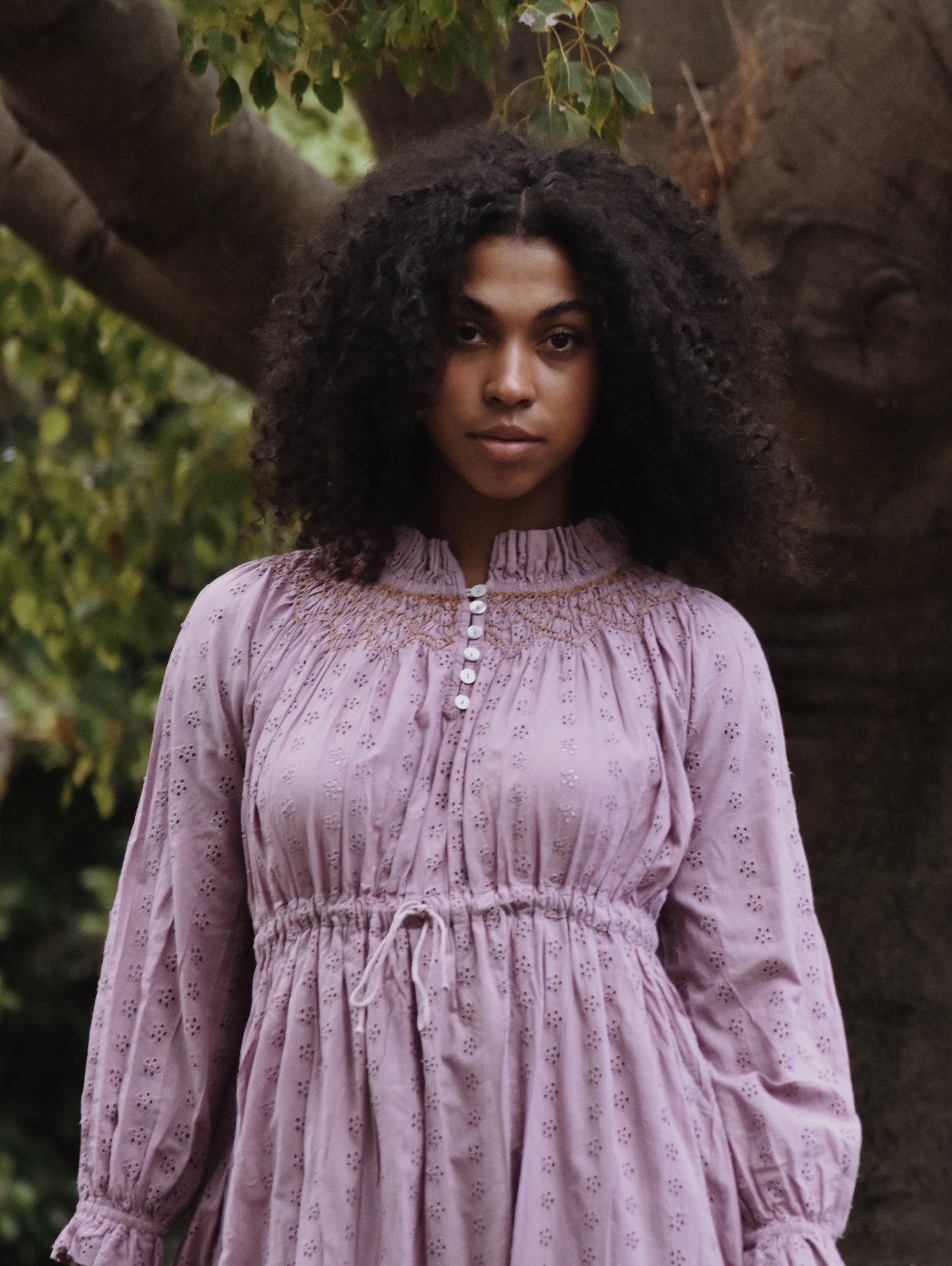 100% RECYCLED COTTON - PRAIRIE MAXI DRESS DUSTY LAVENDER LACE HAND SMOCKED