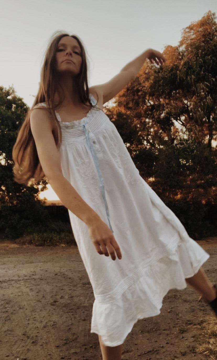 2 LEFT - 100% RECYCLED COTTON - NIGHTINGALE HAND SMOCKED DRESS WHITE