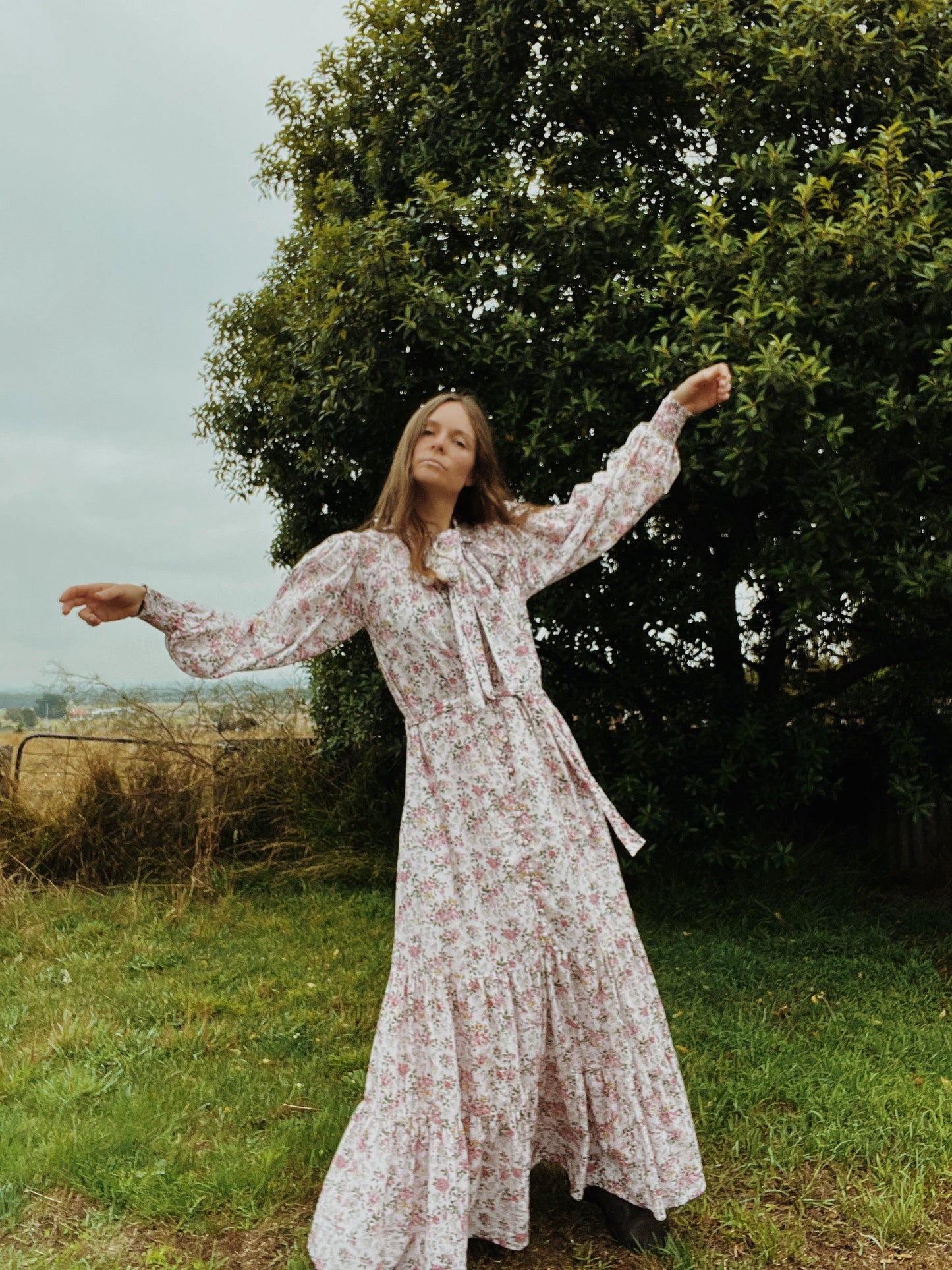 SECOND - 100% RECYCLED COTTON - FLEUR MAXI DRESS PUSSY BOW PINK ROSE