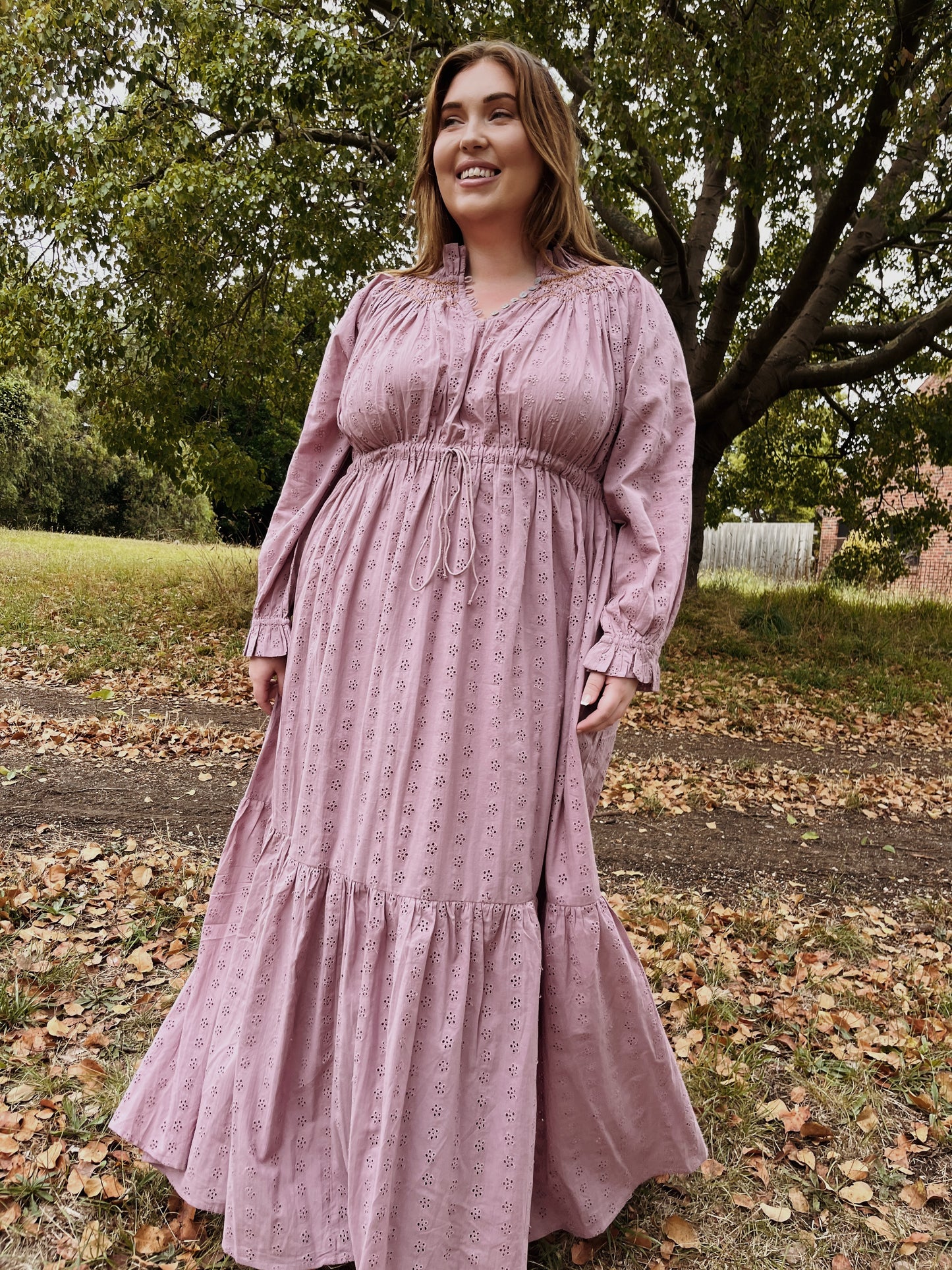 100% RECYCLED COTTON - PRAIRIE MAXI DRESS DUSTY LAVENDER LACE HAND SMOCKED