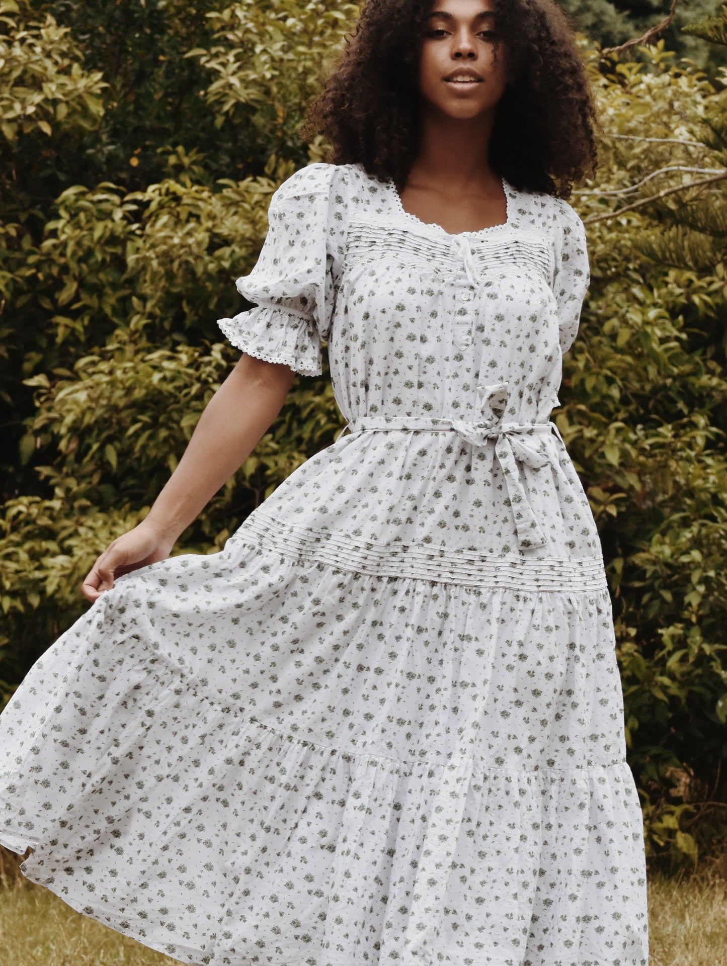 100% RECYCLED COTTON - MORNING SONG HAND SMOCKED TIERED DRESS - GREEN ROSE FLORAL