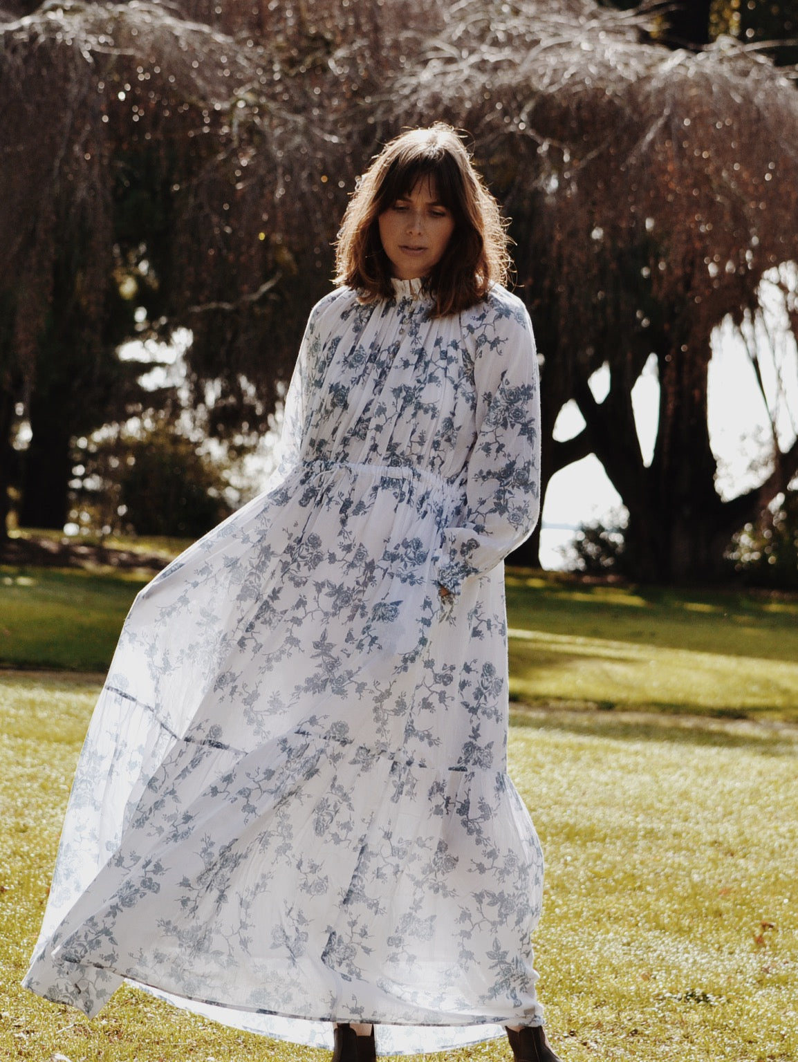 SECONDS - 100% RECYCLED COTTON - PRAIRIE MAXI DRESS TOILE BLUE ROSE