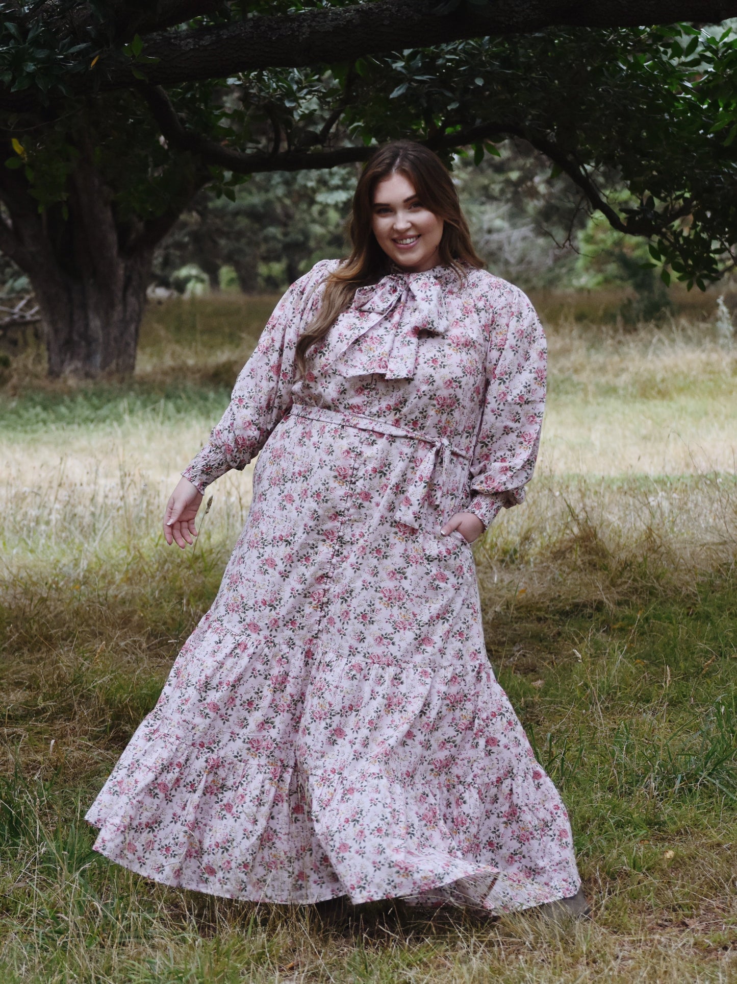 SECOND - 100% RECYCLED COTTON - FLEUR MAXI DRESS PUSSY BOW PINK ROSE