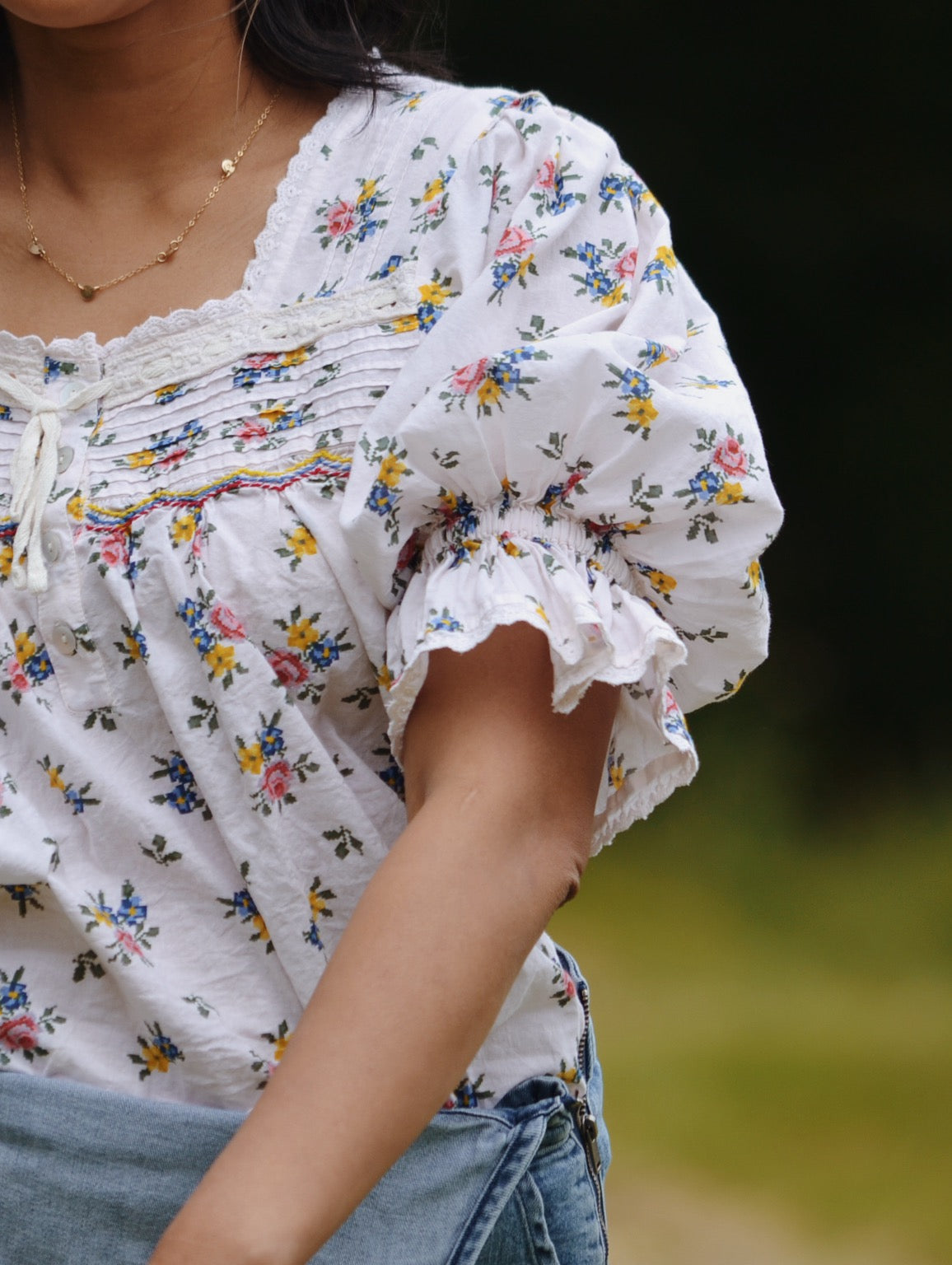 100% RECYCLED COTTON - MORNING SONG HAND SMOCKED BLOUSE ROSE FLORAL