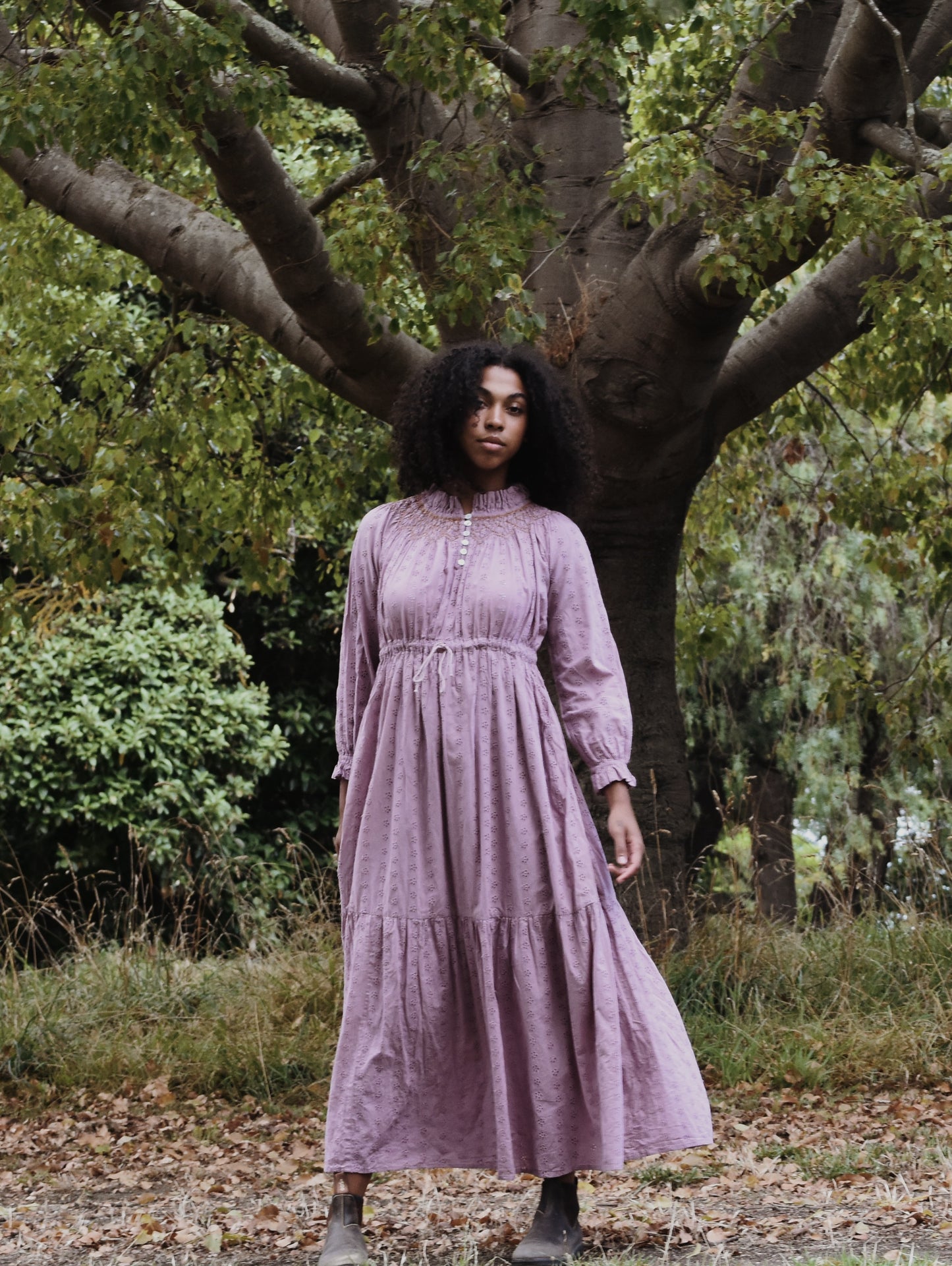 100% RECYCLED COTTON - PRAIRIE MAXI DRESS DUSTY LAVENDER LACE HAND SMOCKED
