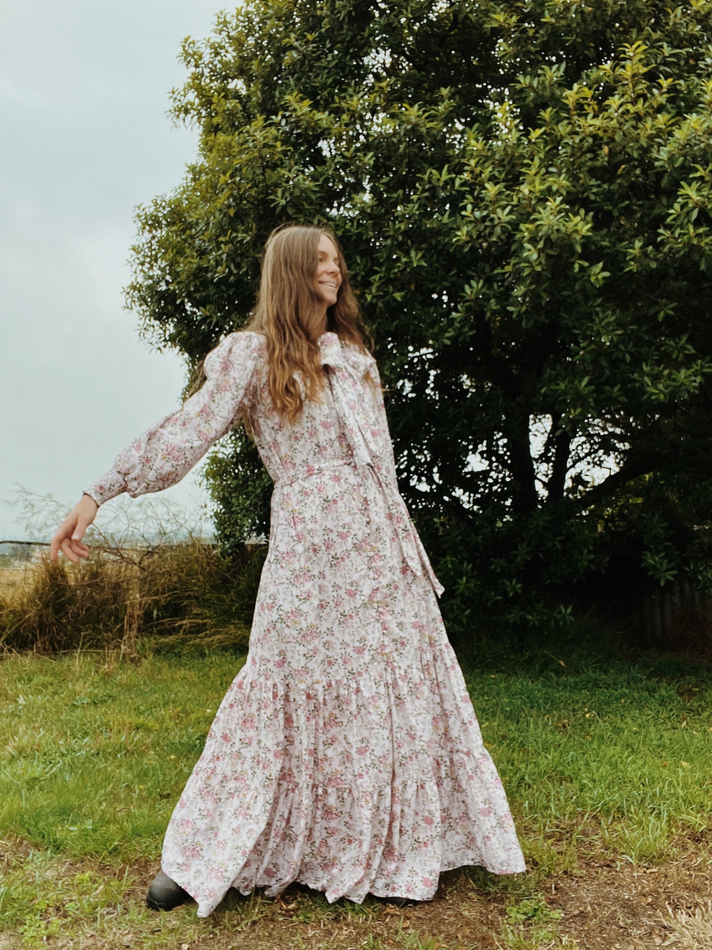 SECOND - 100% RECYCLED COTTON - FLEUR MAXI DRESS PUSSY BOW PINK ROSE