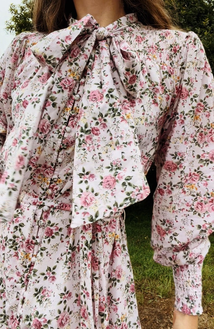 SECOND - 100% RECYCLED COTTON - FLEUR MAXI DRESS PUSSY BOW PINK ROSE