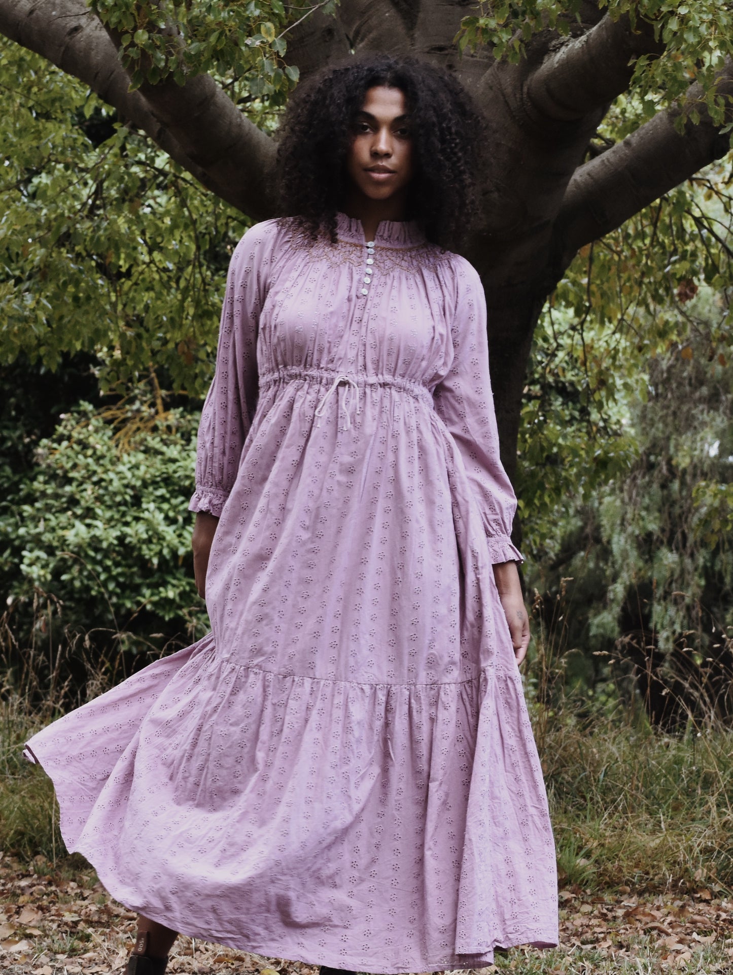 100% RECYCLED COTTON - PRAIRIE MAXI DRESS DUSTY LAVENDER LACE HAND SMOCKED