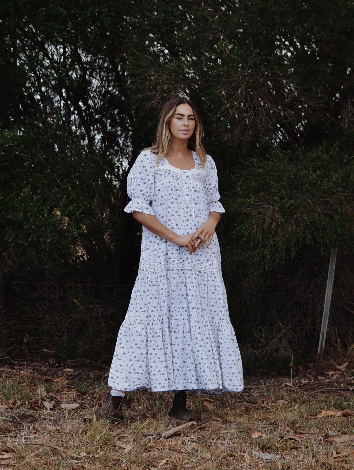 100% RECYCLED COTTON - MORNING SONG HAND SMOCKED TIERED DRESS - GREEN ROSE FLORAL