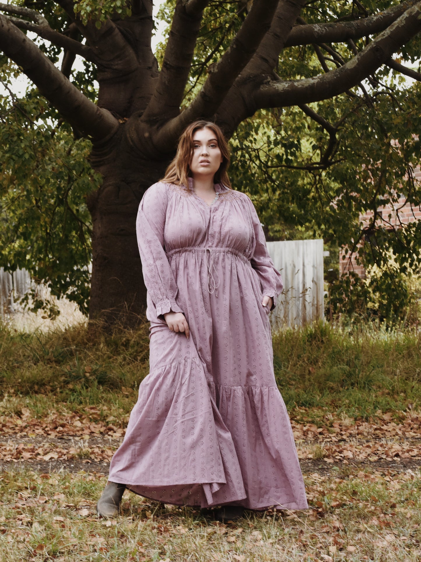 100% RECYCLED COTTON - PRAIRIE MAXI DRESS DUSTY LAVENDER LACE HAND SMOCKED