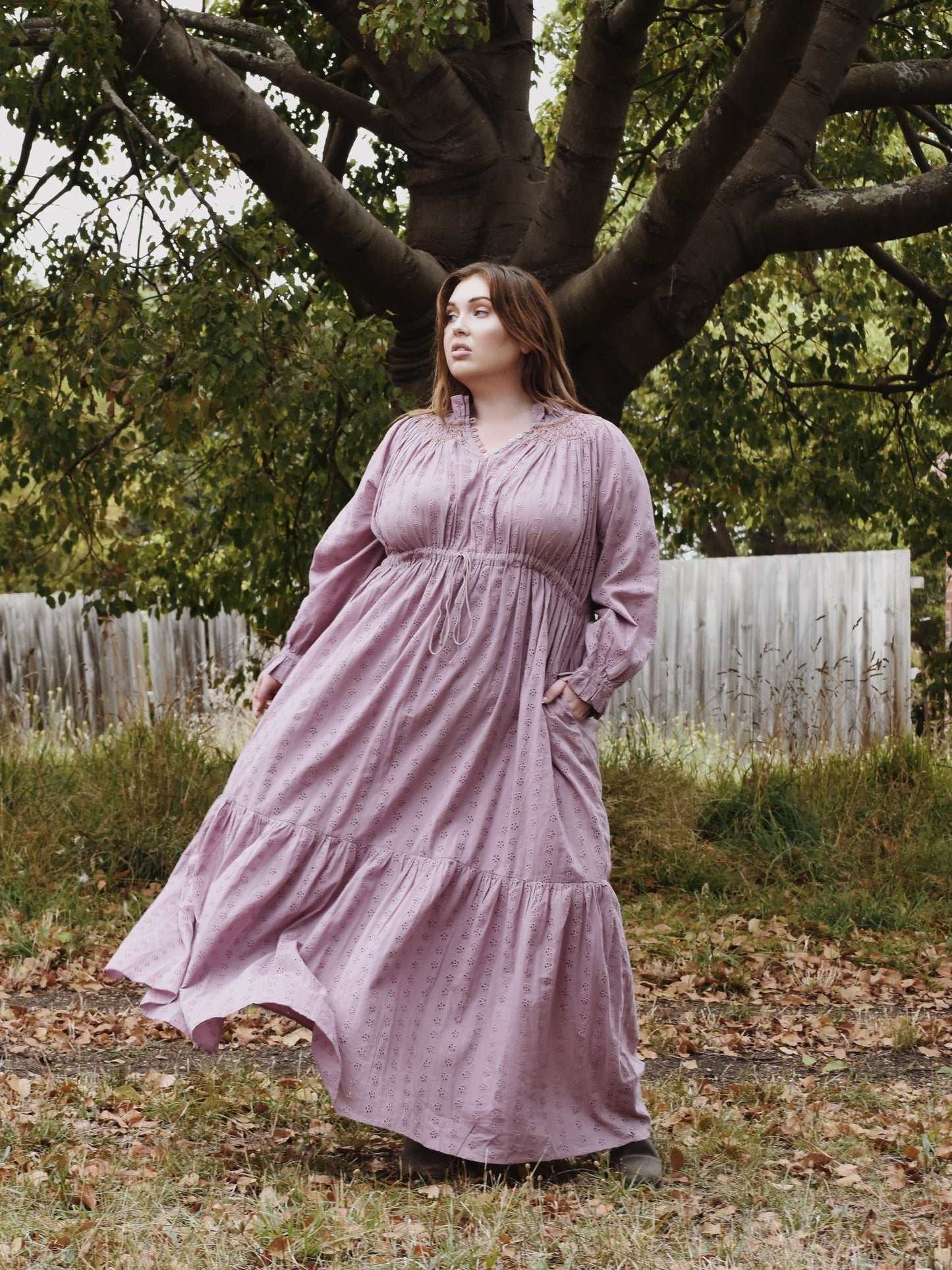 100% RECYCLED COTTON - PRAIRIE MAXI DRESS DUSTY LAVENDER LACE HAND SMOCKED