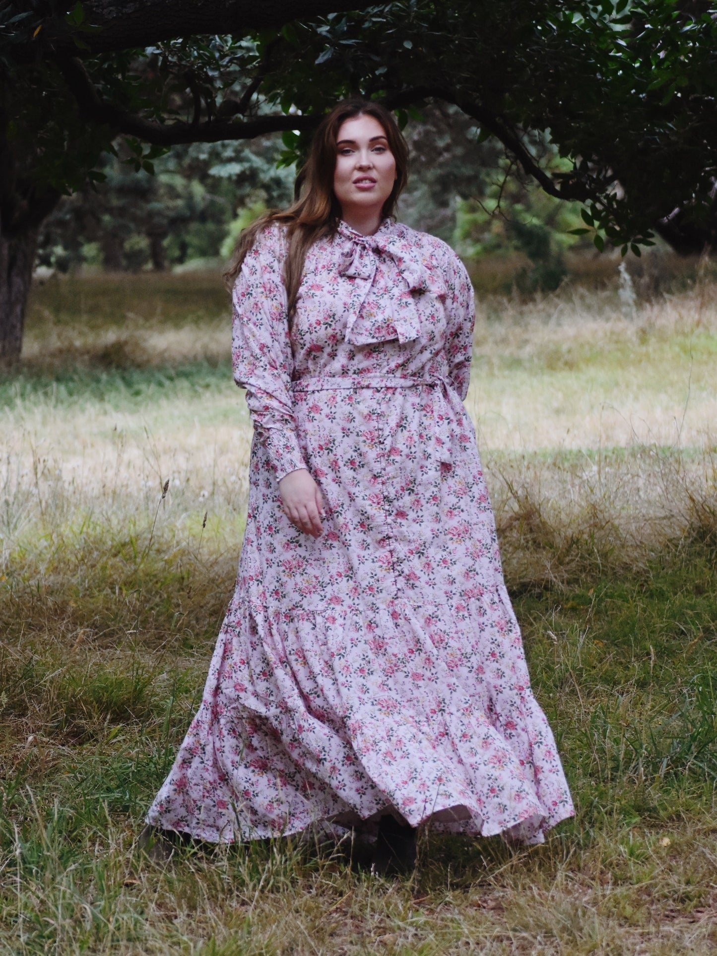 SECOND - 100% RECYCLED COTTON - FLEUR MAXI DRESS PUSSY BOW PINK ROSE