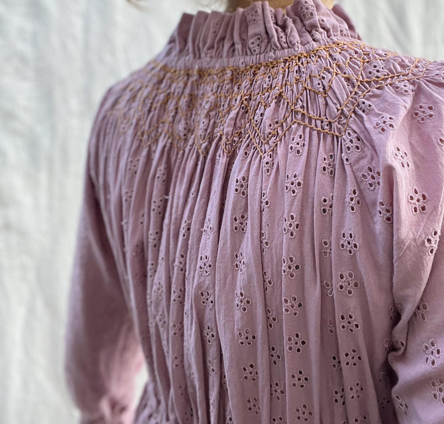 100% RECYCLED COTTON - PRAIRIE MAXI DRESS DUSTY LAVENDER LACE HAND SMOCKED