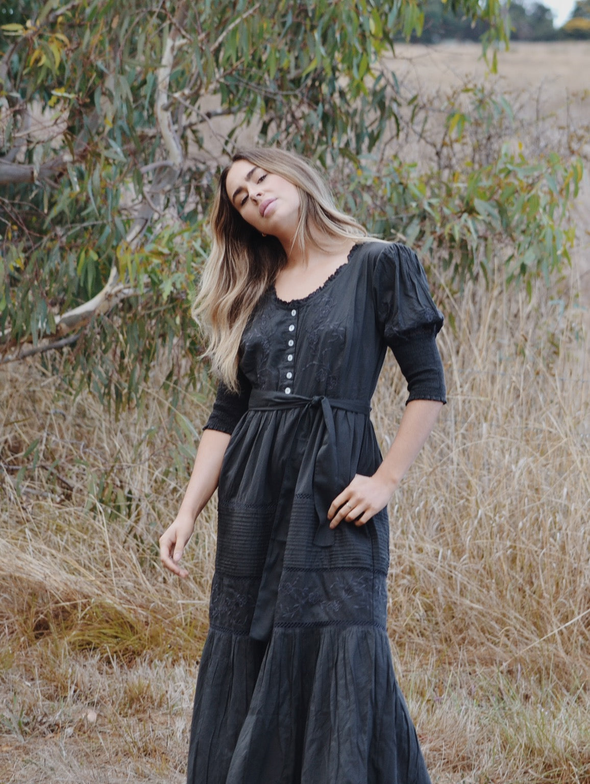 SECONDS - 100% RECYCLED COTTON - AUGUSTINE MAXI DRESS WASHED BLACK
