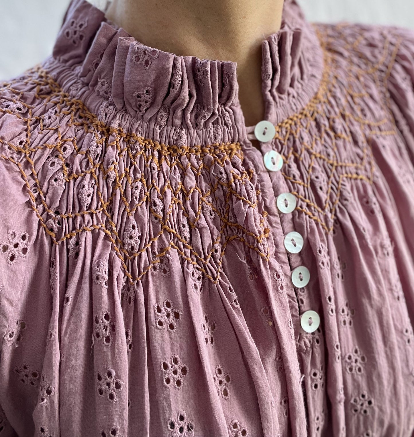 100% RECYCLED COTTON - PRAIRIE MAXI DRESS DUSTY LAVENDER LACE HAND SMOCKED