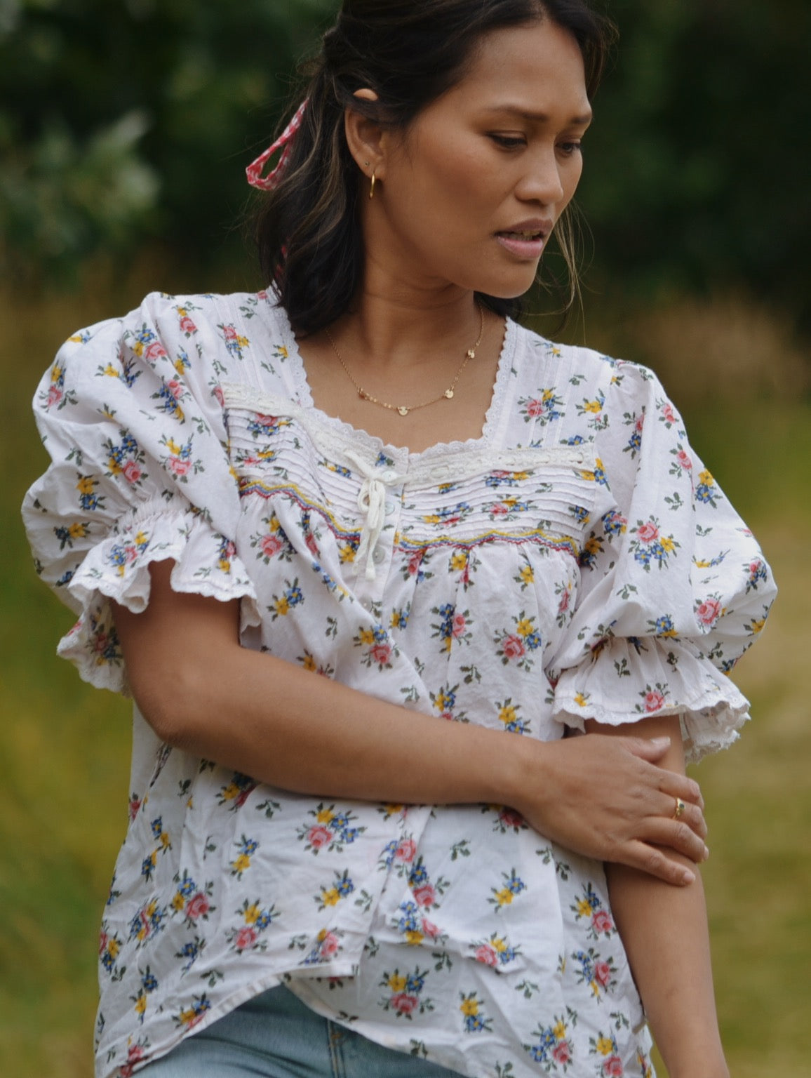 100% RECYCLED COTTON - MORNING SONG HAND SMOCKED BLOUSE ROSE FLORAL