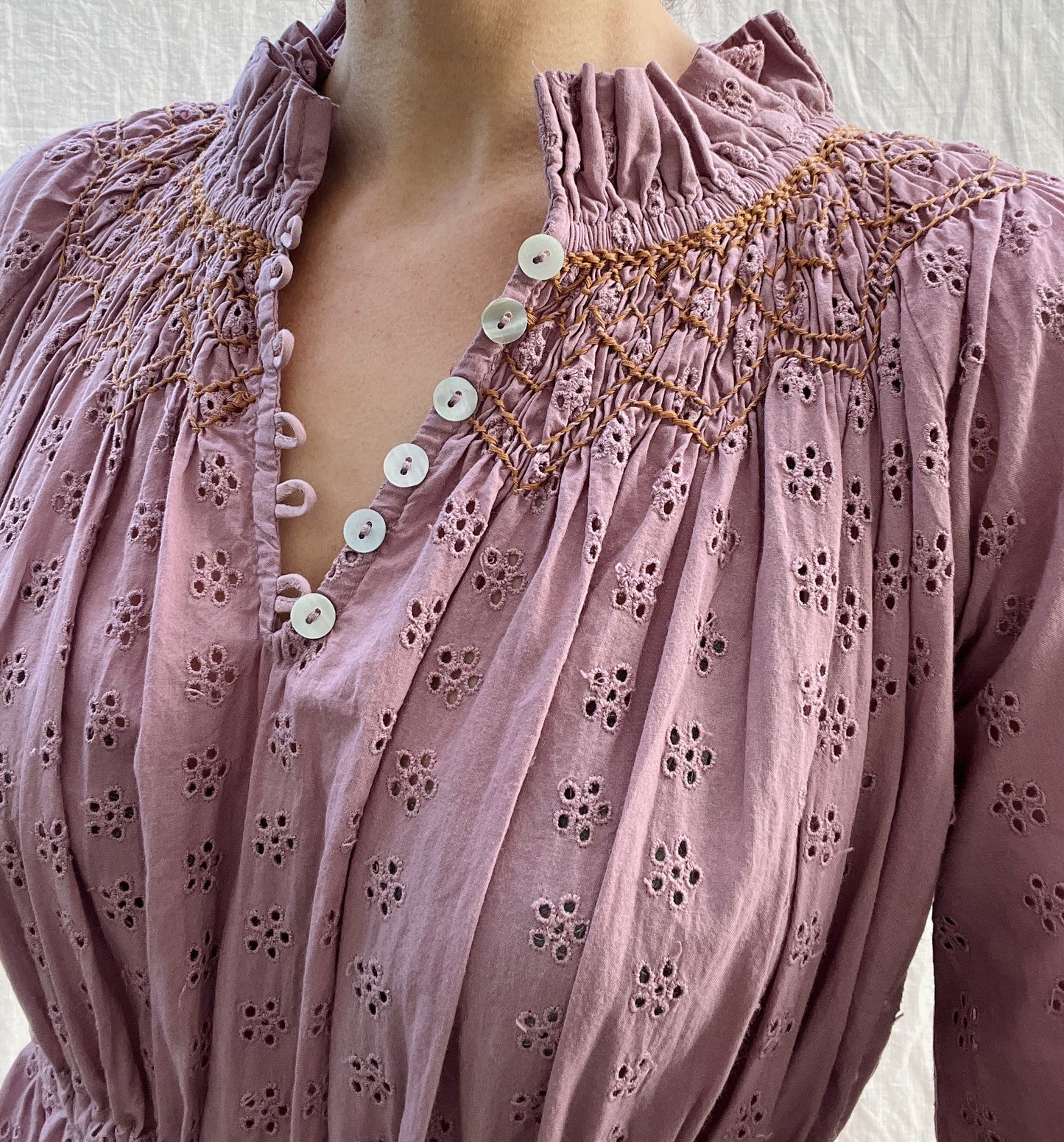 100% RECYCLED COTTON - PRAIRIE MAXI DRESS DUSTY LAVENDER LACE HAND SMOCKED