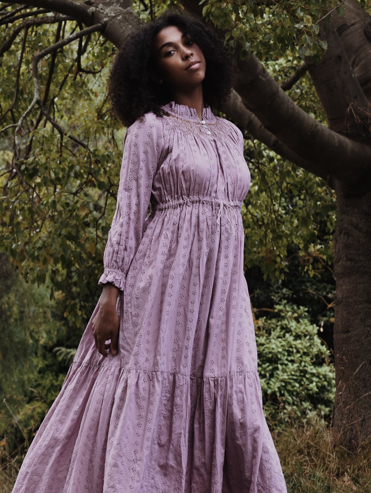 100% RECYCLED COTTON - PRAIRIE MAXI DRESS DUSTY LAVENDER LACE HAND SMOCKED