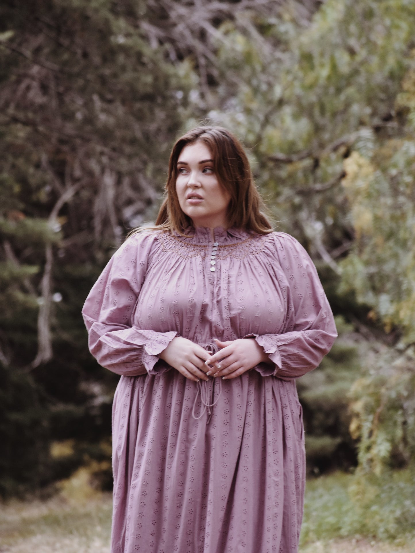 100% RECYCLED COTTON - PRAIRIE MAXI DRESS DUSTY LAVENDER LACE HAND SMOCKED