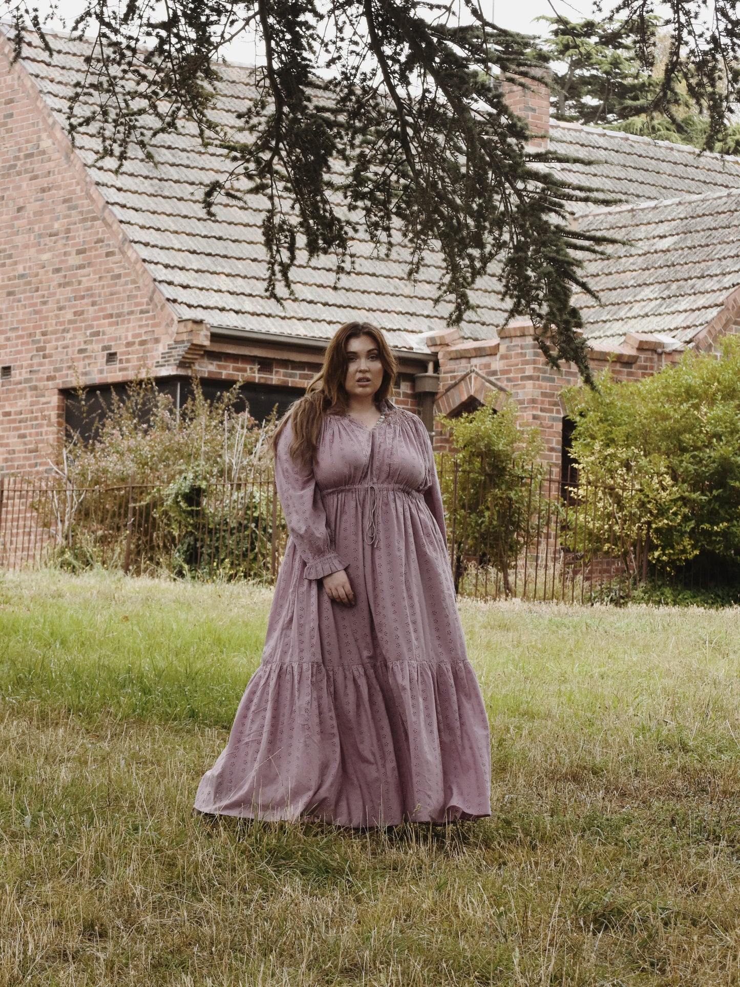 100% RECYCLED COTTON - PRAIRIE MAXI DRESS DUSTY LAVENDER LACE HAND SMOCKED