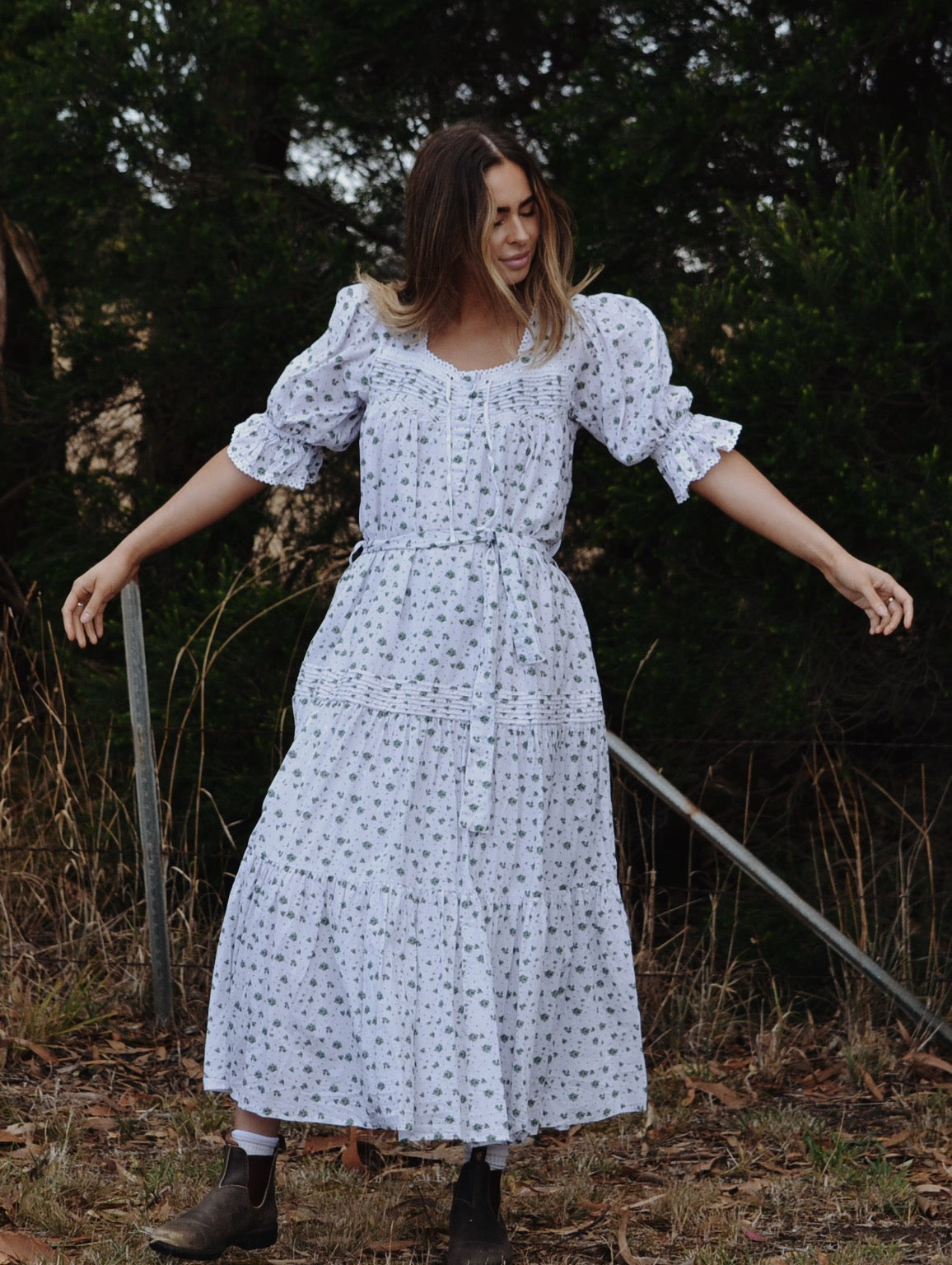 100% RECYCLED COTTON - MORNING SONG HAND SMOCKED TIERED DRESS - GREEN ROSE FLORAL