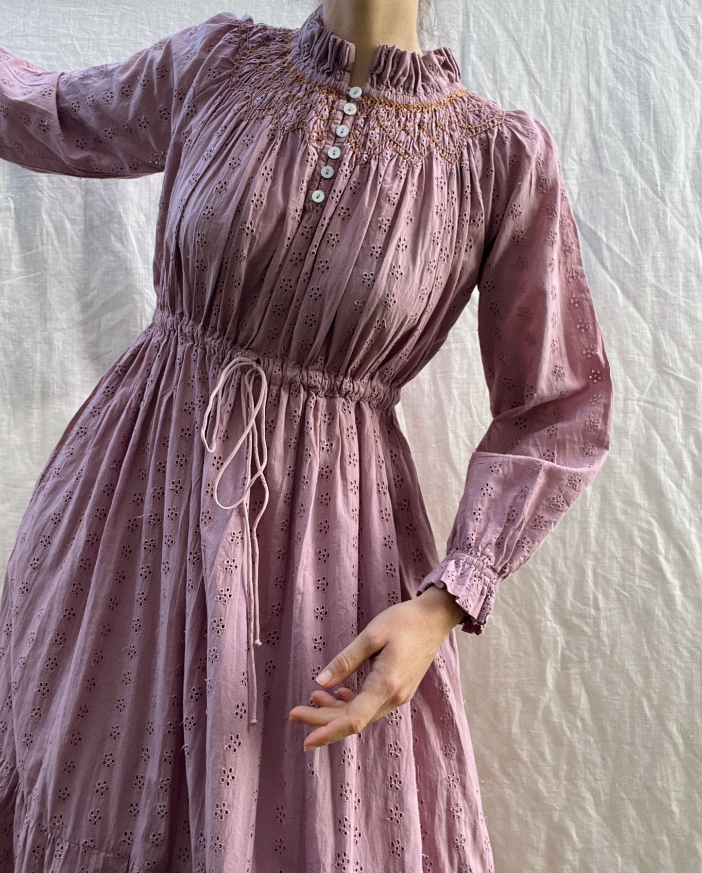 100% RECYCLED COTTON - PRAIRIE MAXI DRESS DUSTY LAVENDER LACE HAND SMOCKED