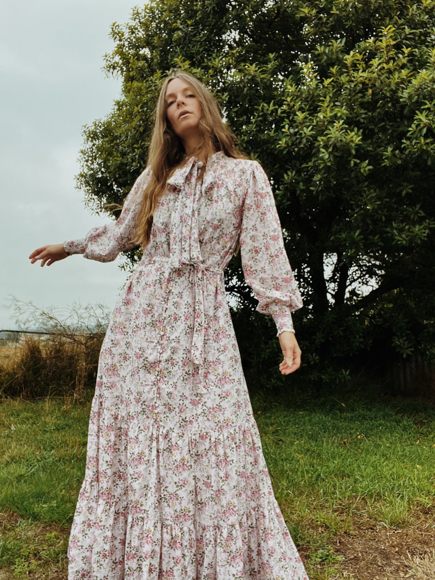 SECOND - 100% RECYCLED COTTON - FLEUR MAXI DRESS PUSSY BOW PINK ROSE