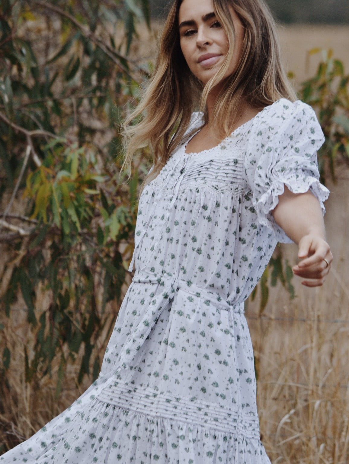 100% RECYCLED COTTON - MORNING SONG HAND SMOCKED TIERED DRESS - GREEN ROSE FLORAL